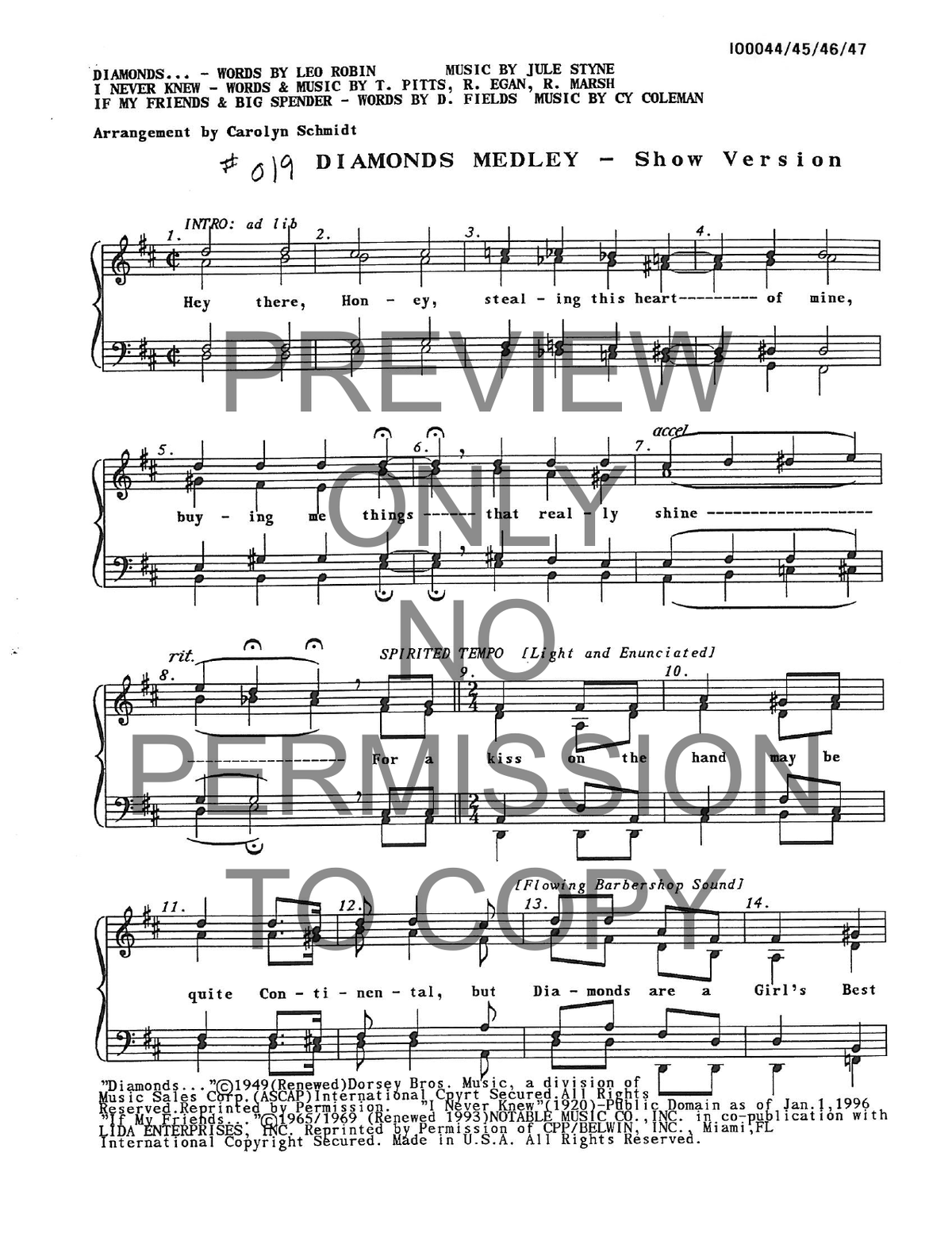 019 Medley - Diamonds - Show Version — sheet music preview, arranged by Carolyn Schmidt