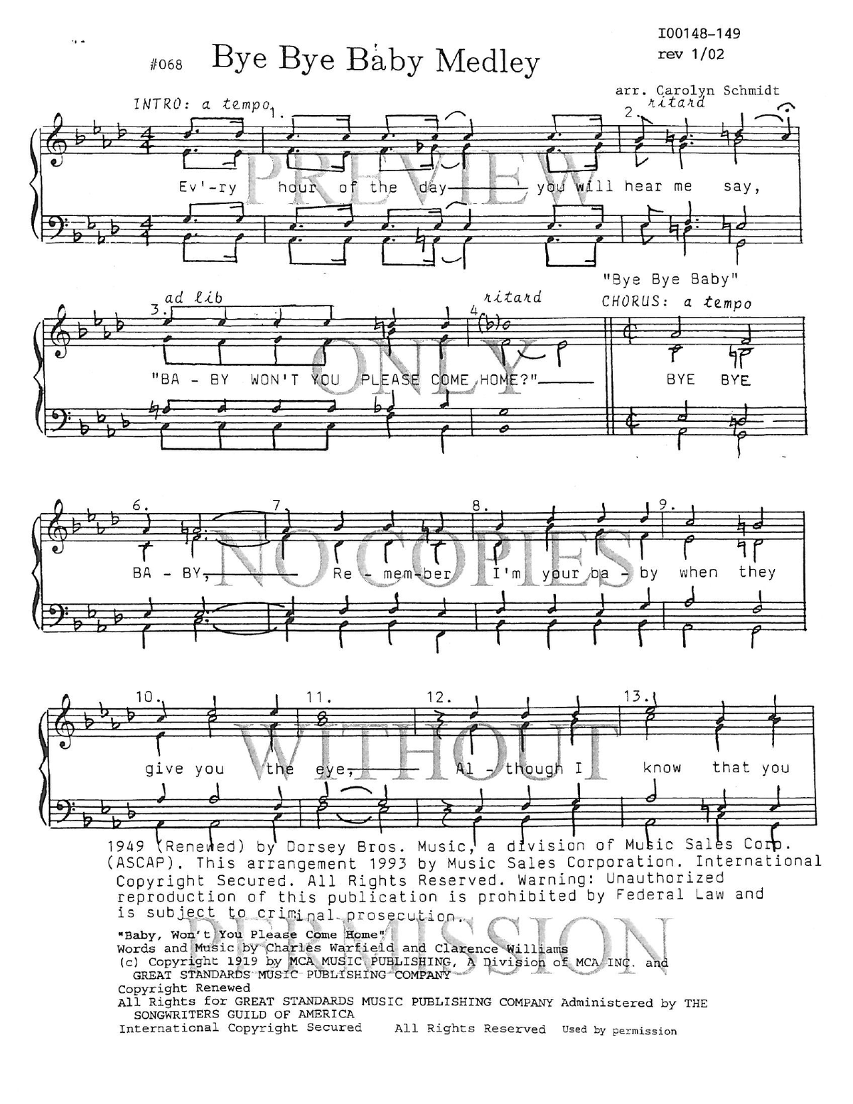 068 Medley - Bye Bye Baby — sheet music preview, arranged by Carolyn Schmidt