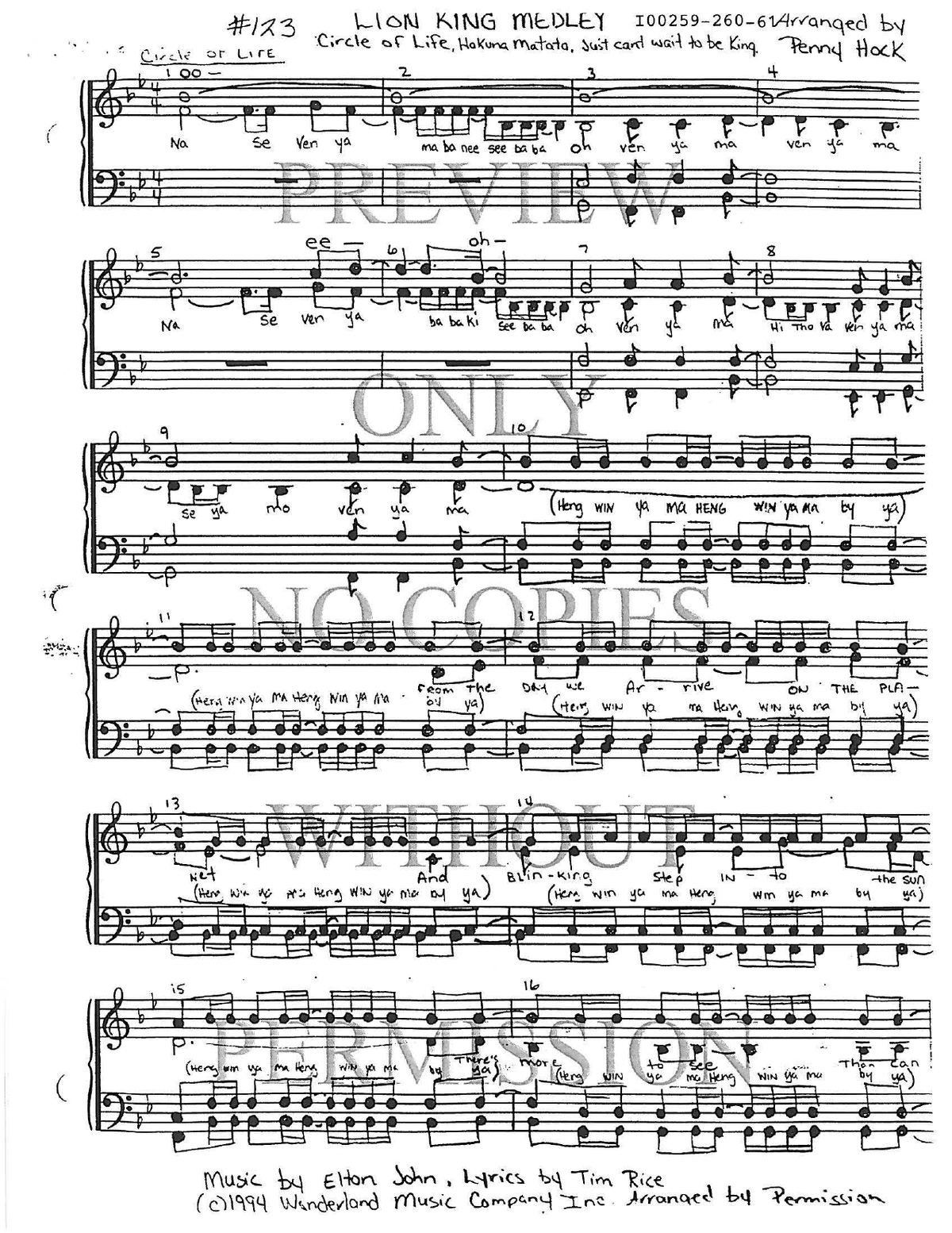 123 Medley - The Circle Of Life — sheet music preview, arranged by Penny Hock