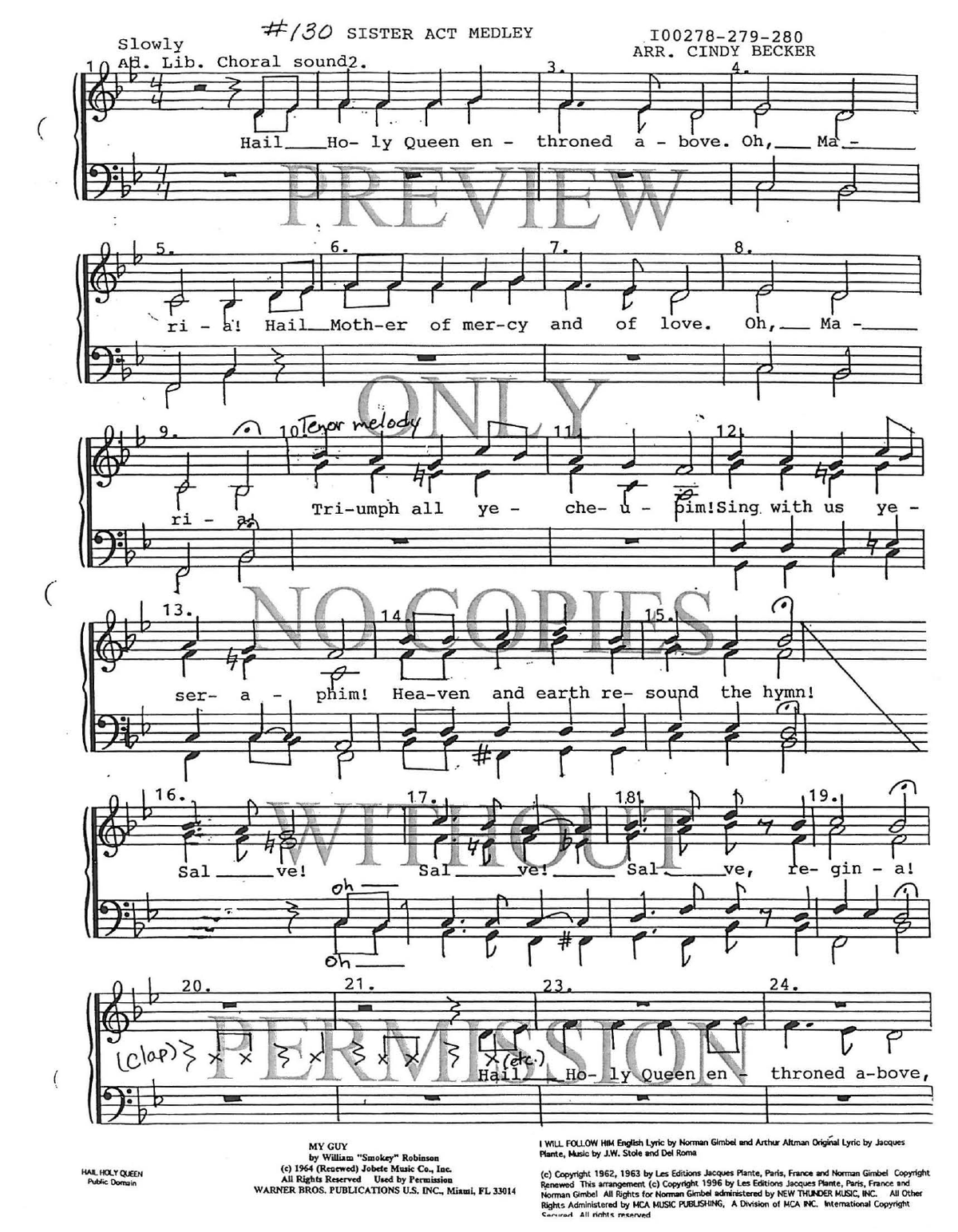 130 Medley - Hail Holy Queen — sheet music preview, arranged by Cynthia Becker