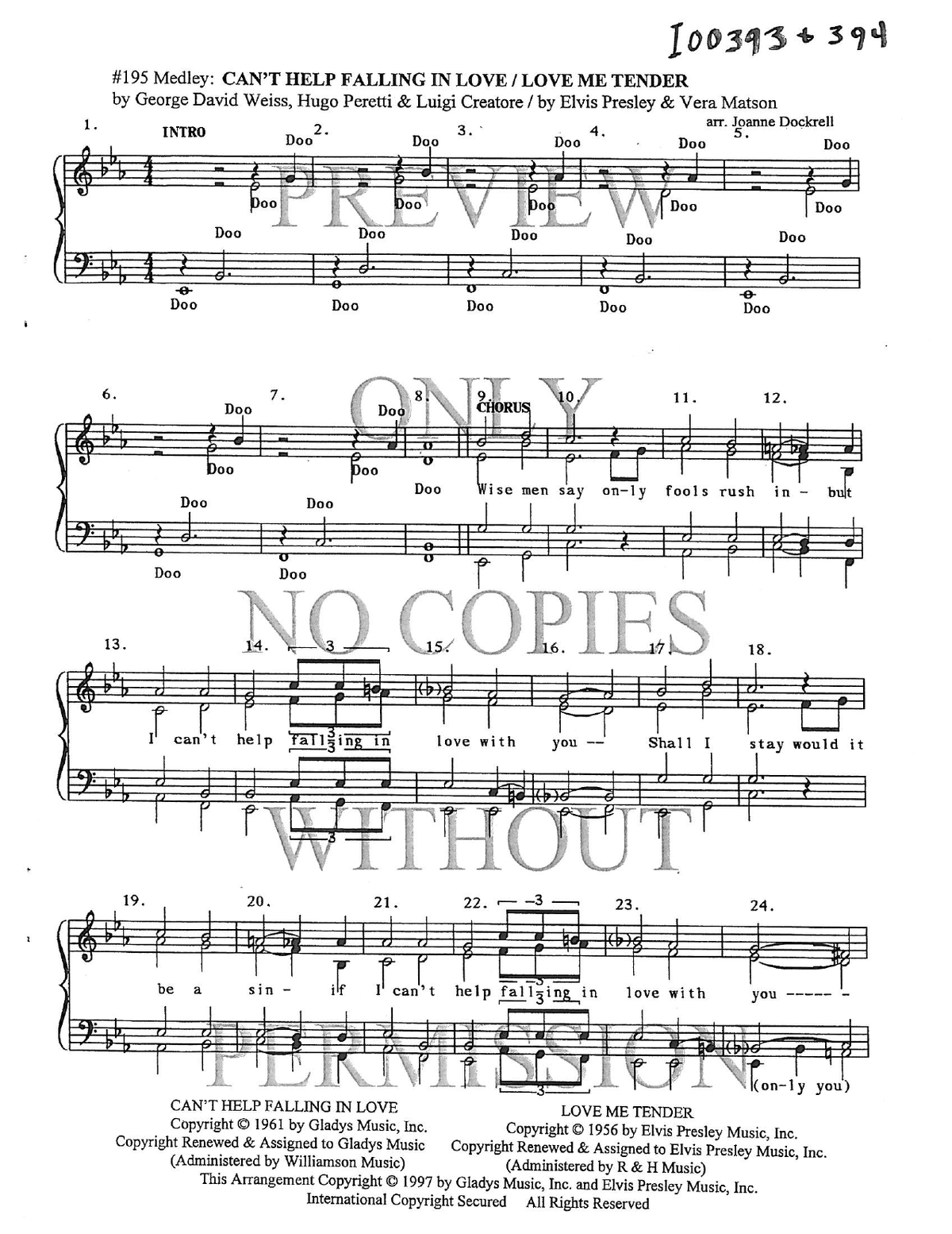 195 Medley - Can't Help Falling In Love — sheet music preview, arranged by Joanne Dockrell