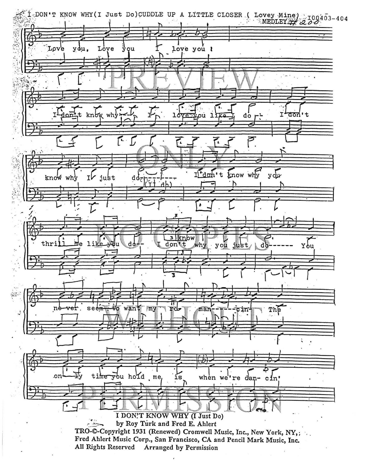 200 Medley - Cuddle Up A Little Closer — sheet music preview, arranged by Molly Rowland