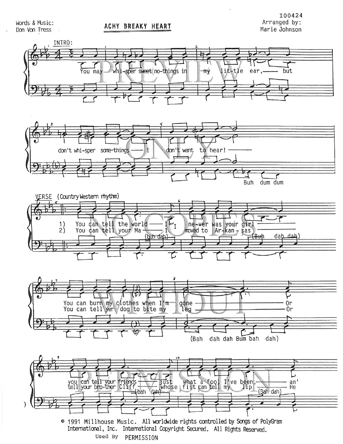 Achy Breaky Heart — sheet music preview, arranged by Marie Johnson