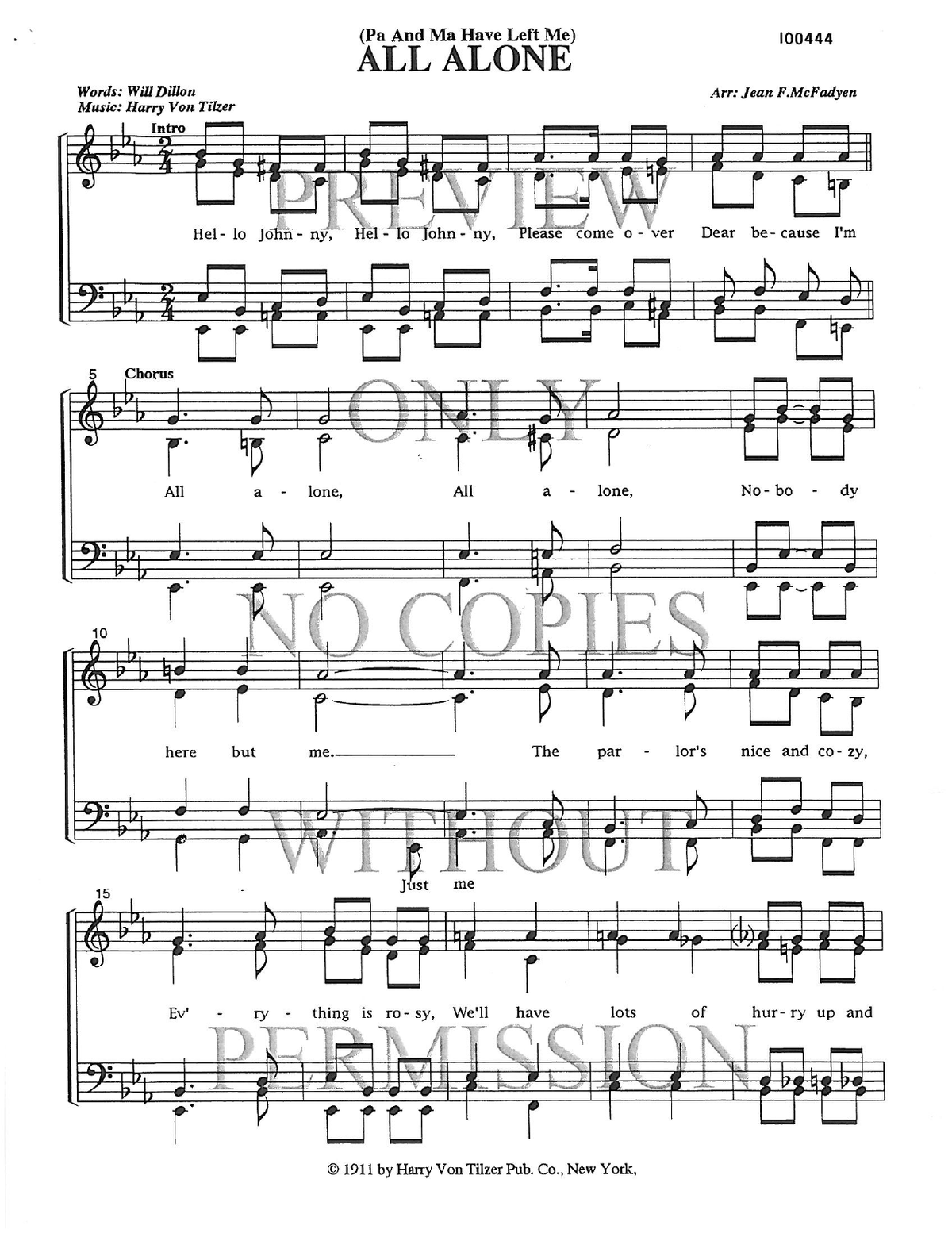 All Alone — sheet music preview, arranged by Jean McFadyen