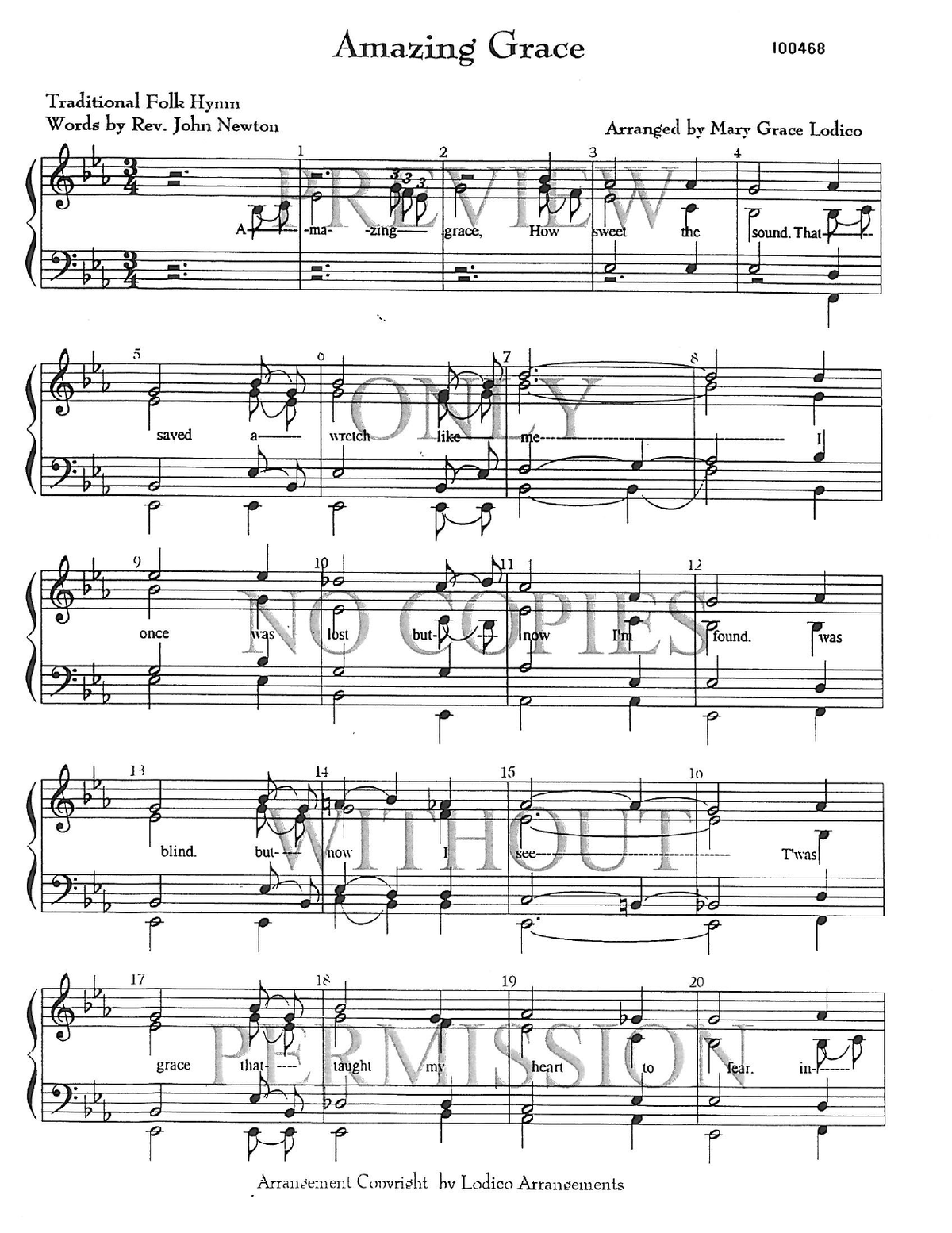 Amazing Grace — sheet music preview, arranged by Mary Grace Lodico