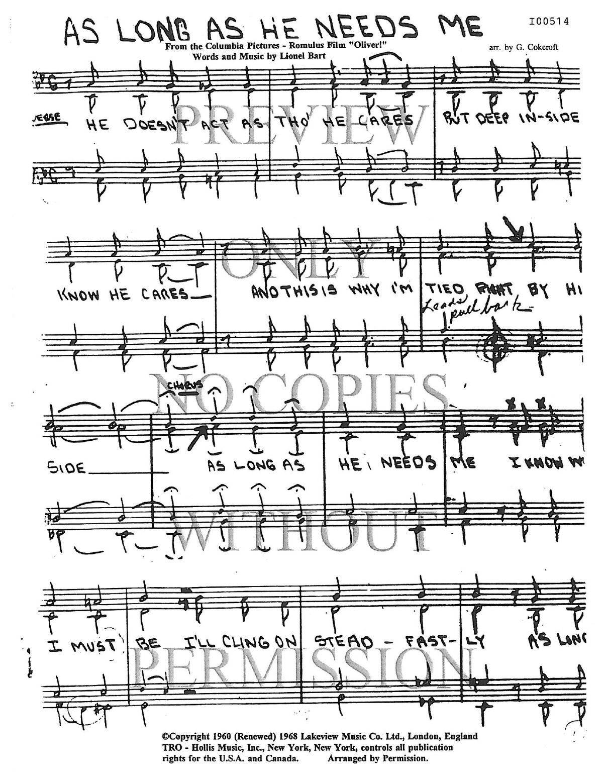 As Long As He Needs Me — sheet music preview, arranged by Gene Cokeroft