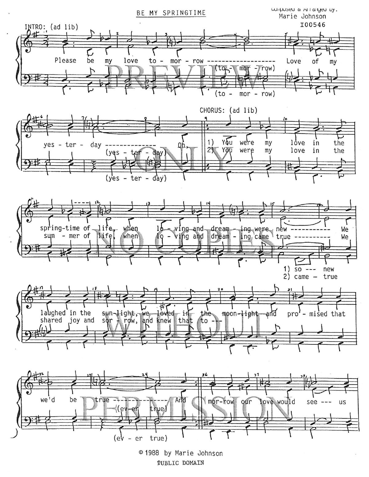Be My Springtime — sheet music preview, arranged by Marie Johnson