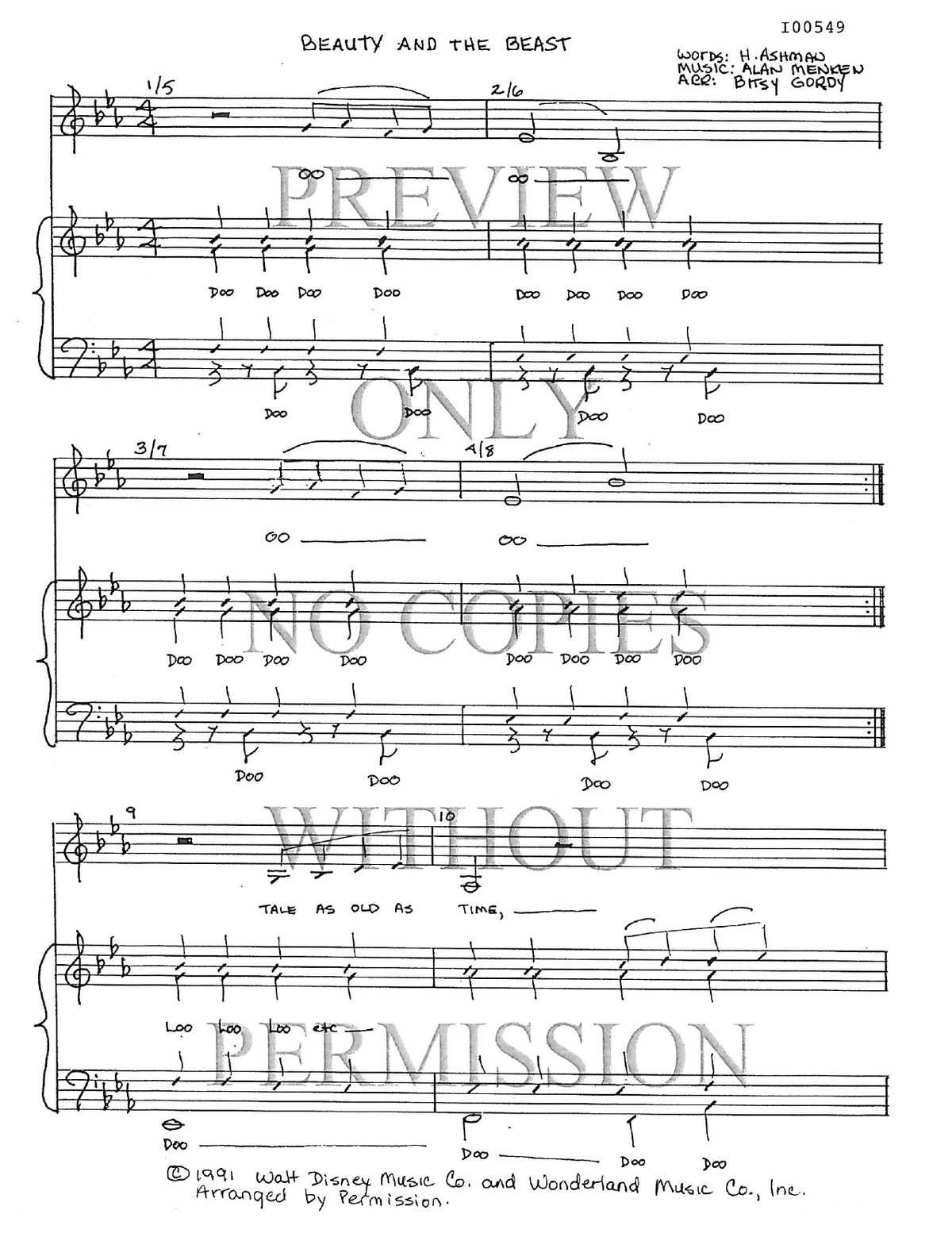 Beauty And The Beast — sheet music preview, arranged by Bitsy Bacon