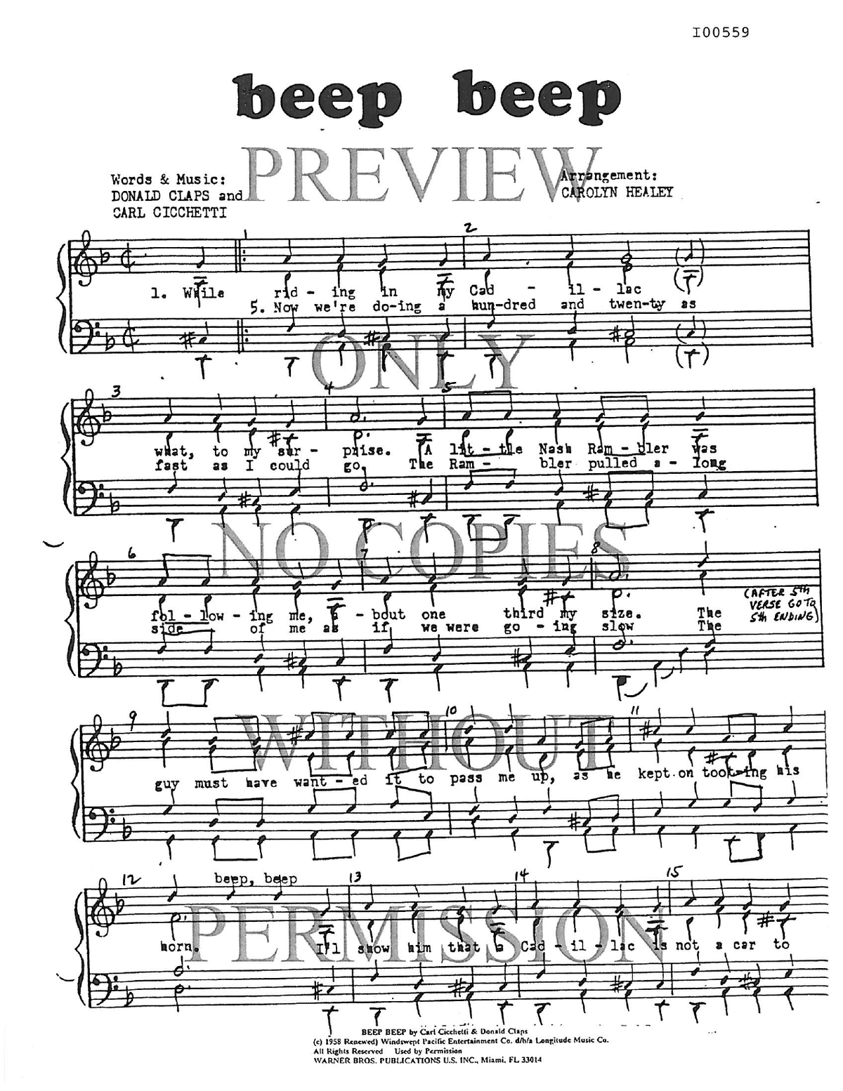 Beep Beep — sheet music preview, arranged by Carolyn Healey