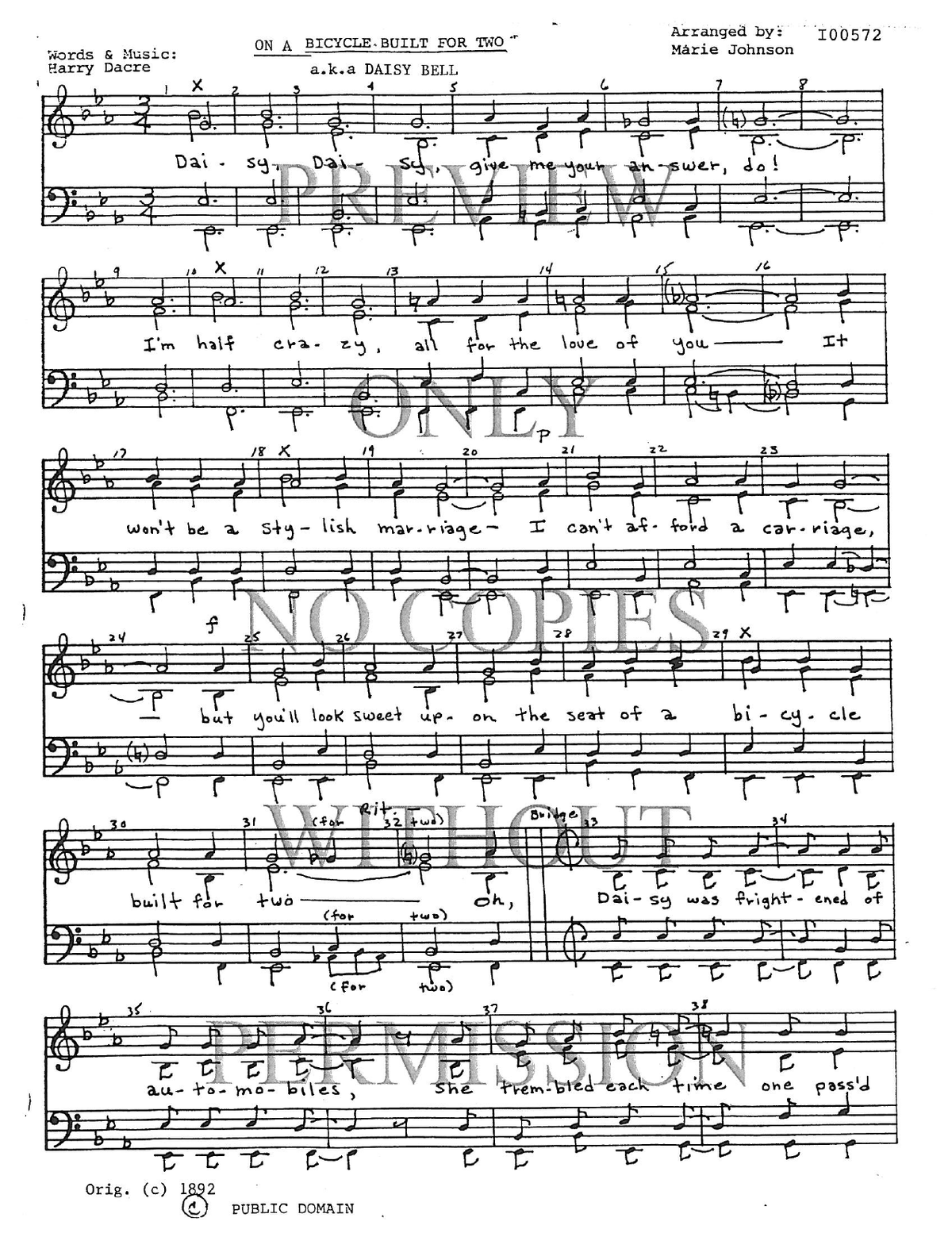 On A Bicycle Built For Two (Daisy Bell) — sheet music preview, arranged by Marie Johnson
