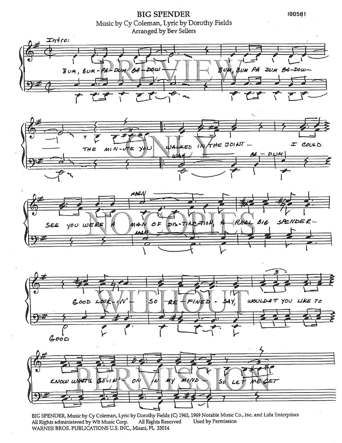 Big Spender — sheet music preview, arranged by Bev Sellers