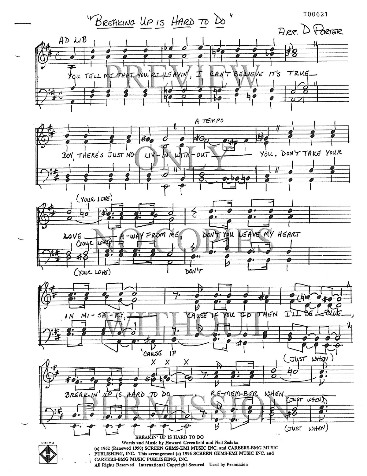 Breakin' Up Is Hard To Do — sheet music preview, arranged by Debbie Porter