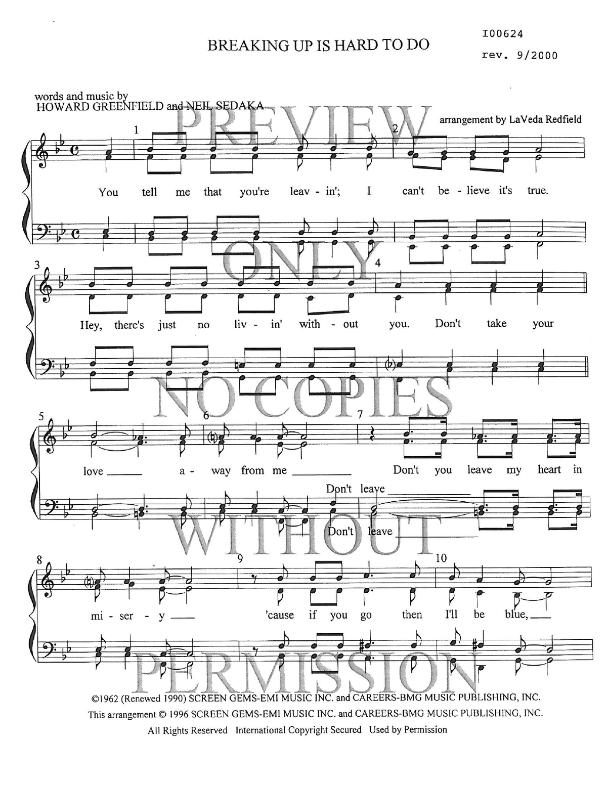 Breaking Up Is Hard To Do — sheet music preview, arranged by LaVeda Redfield