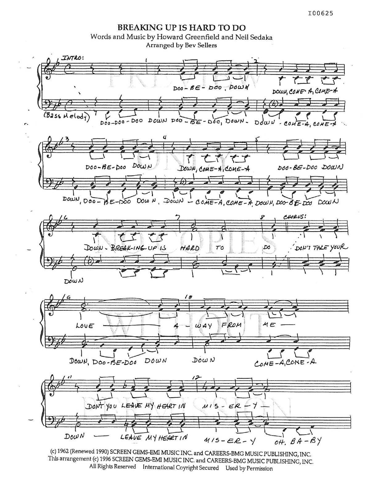 Breaking Up Is Hard To Do — sheet music preview, arranged by Bev Sellers