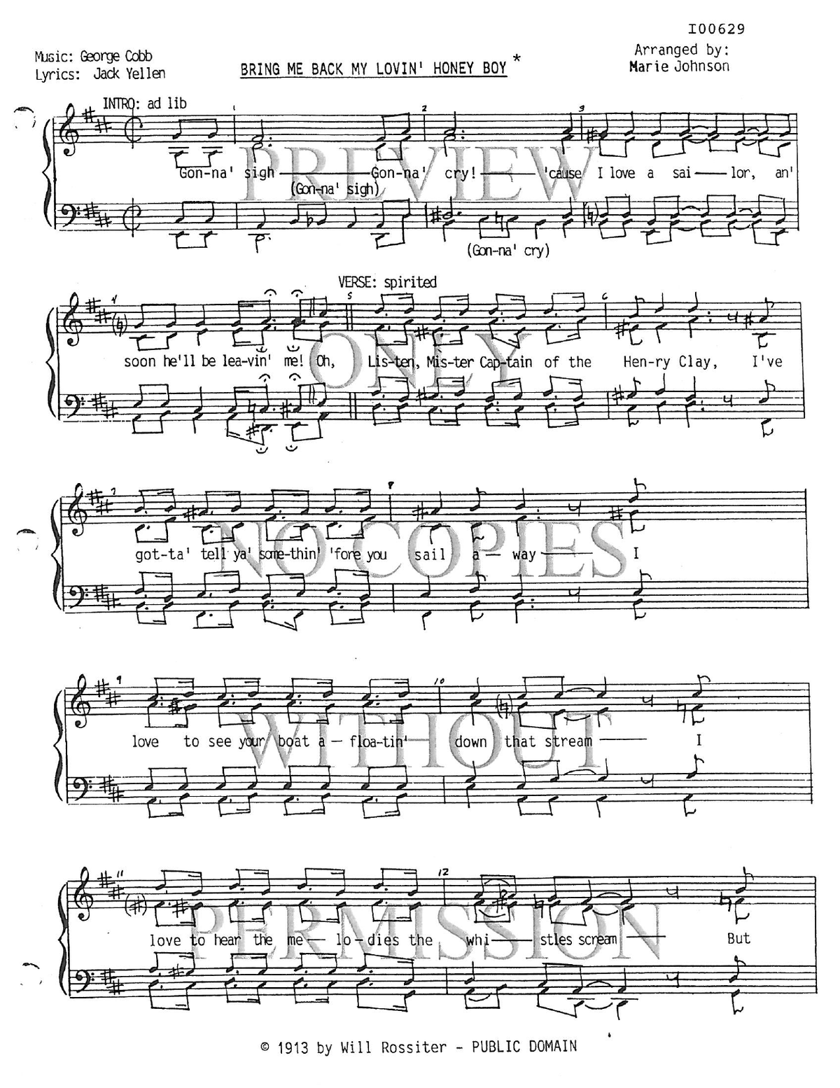 Bring Me Back My Lovin' Honey Boy — sheet music preview, arranged by Marie Johnson