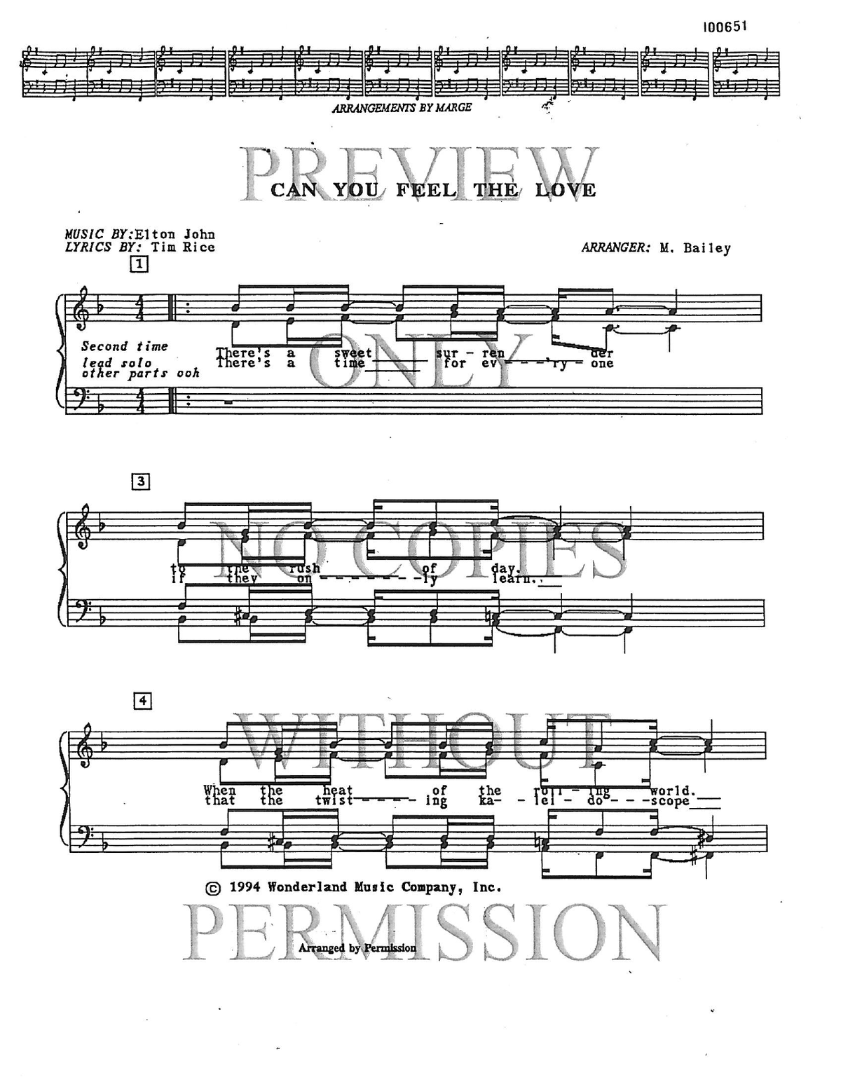 Can You Feel The Love Tonight — sheet music preview, arranged by Marge Bailey