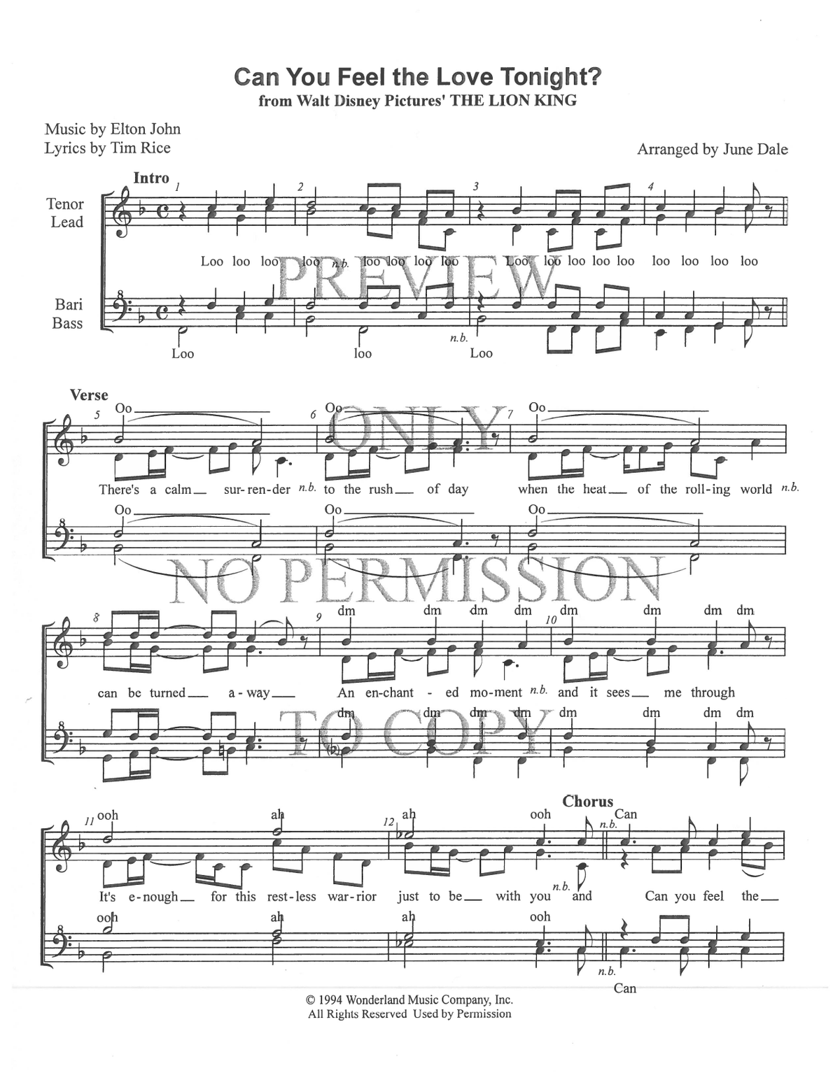 Can You Feel The Love Tonight — sheet music preview, arranged by June Dale