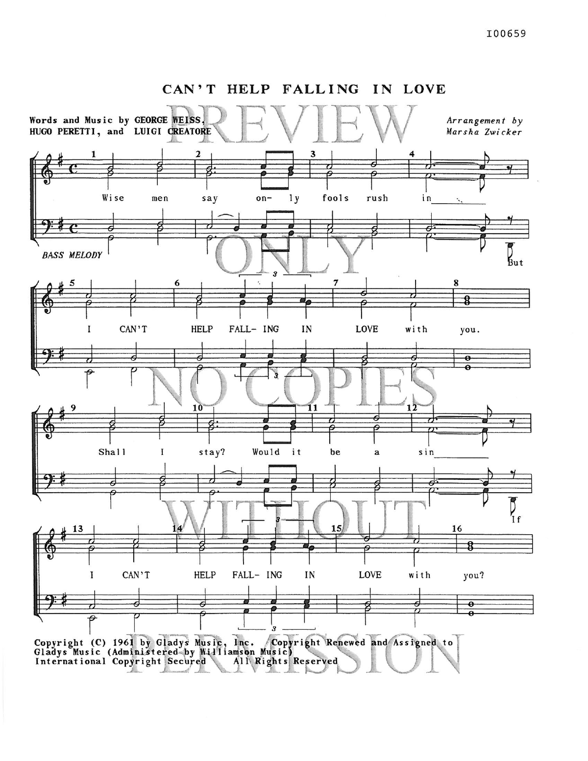 Can't Help Falling In Love — sheet music preview, arranged by Marsha Zwicker