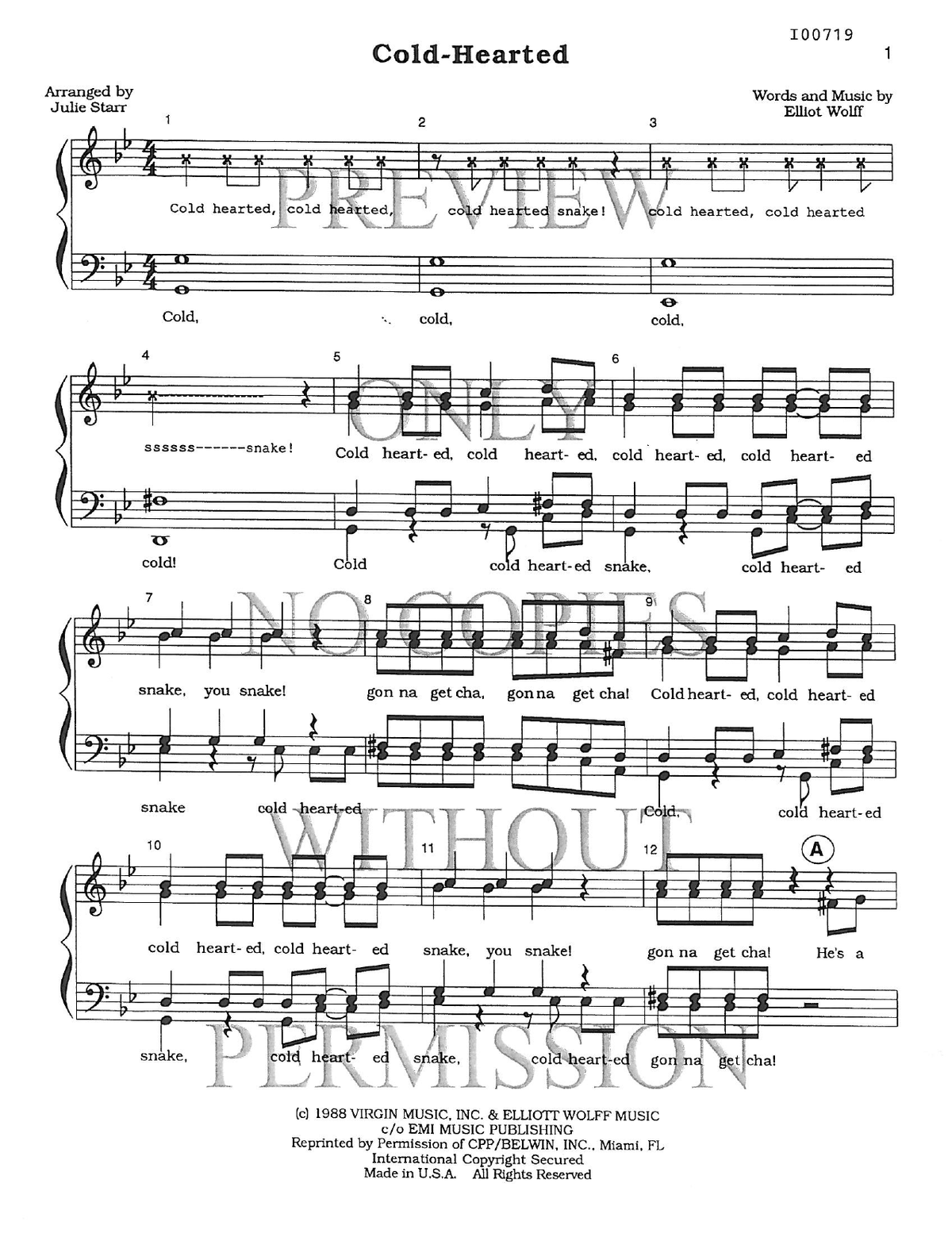 Cold-Hearted — sheet music preview, arranged by Julie Starr