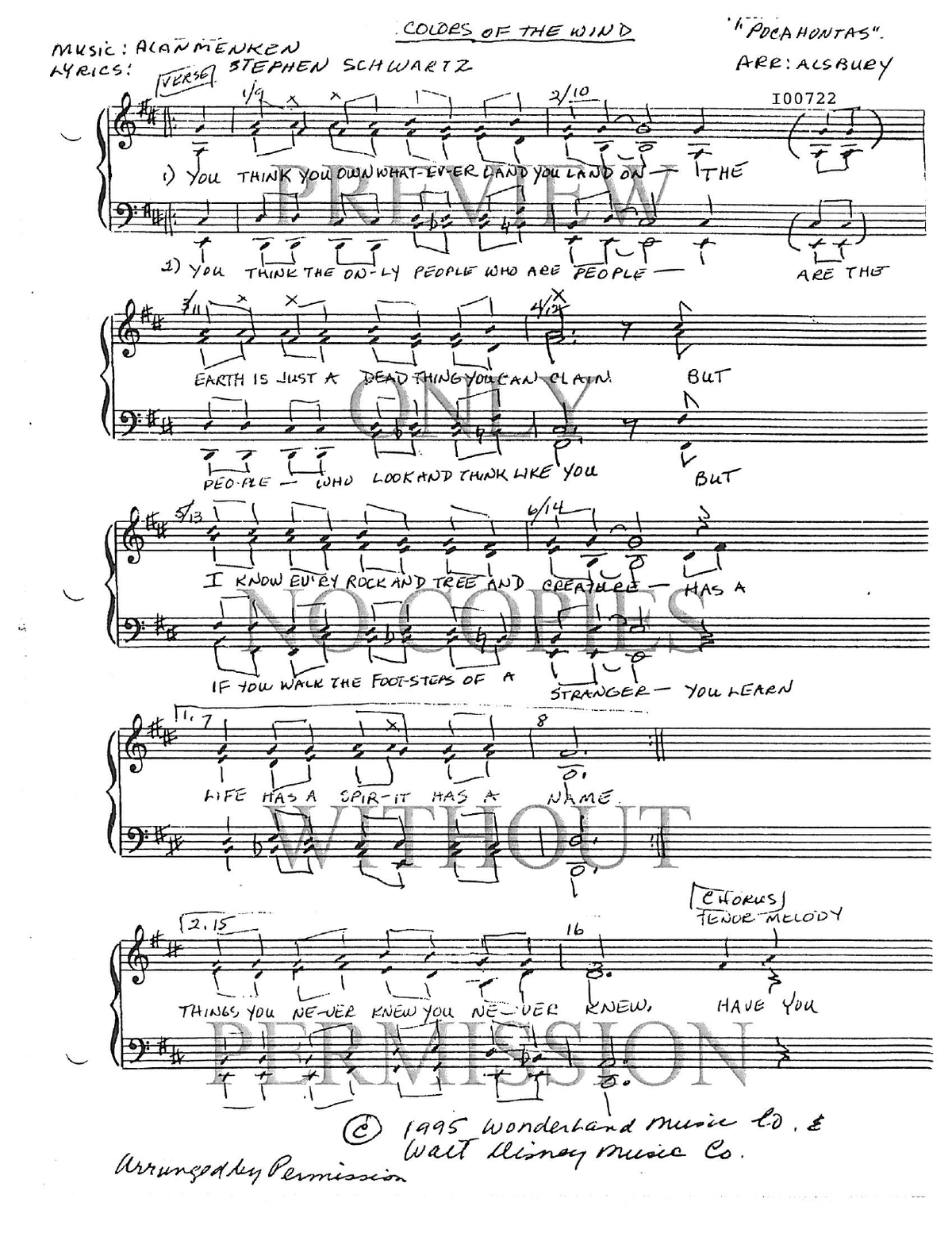 Colors Of The Wind — sheet music preview, arranged by Sylvia Alsbury