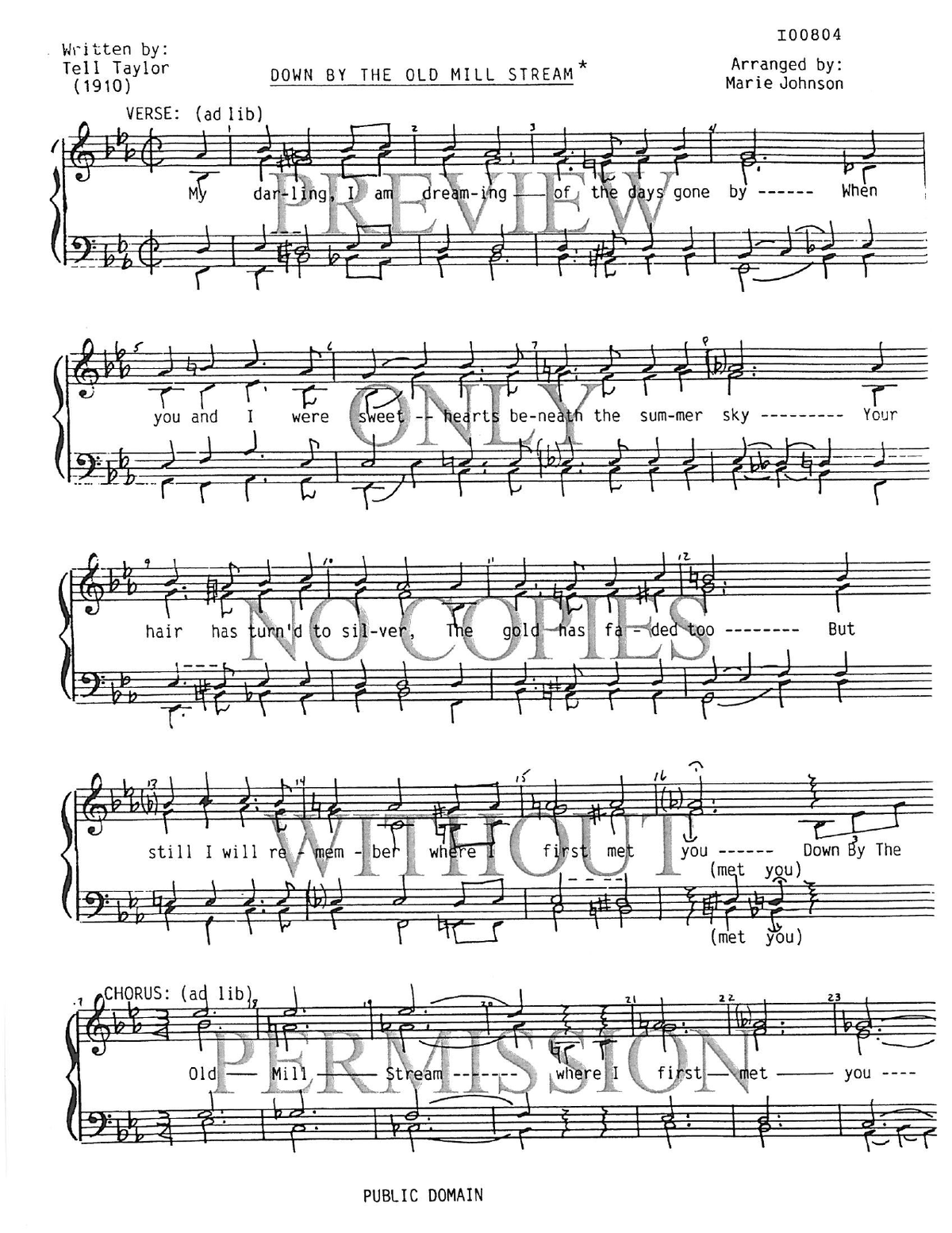 Down By The Old Mill Stream — sheet music preview, arranged by Marie Johnson