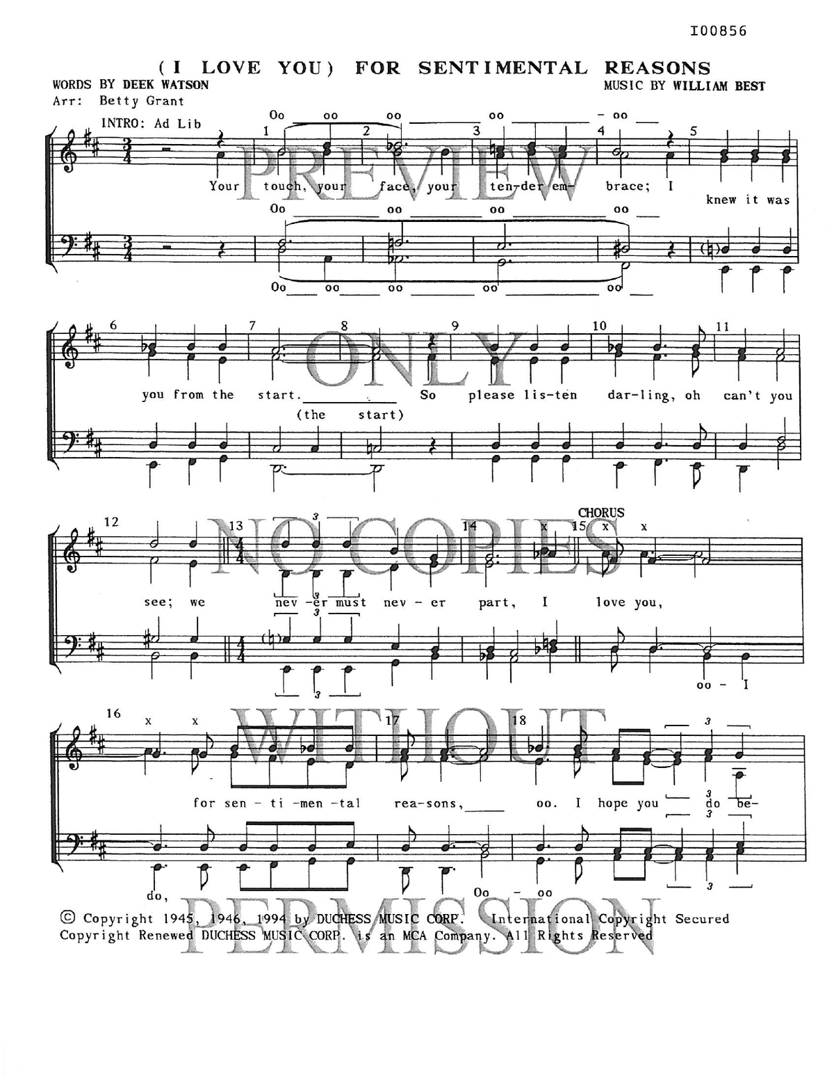 For Sentimental Reasons (I Love You) — sheet music preview, arranged by Betty Grant
