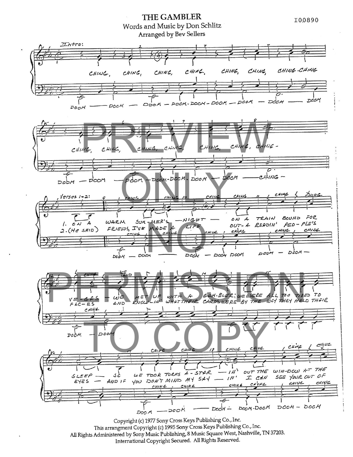 The Gambler — sheet music preview, arranged by Bev Sellers