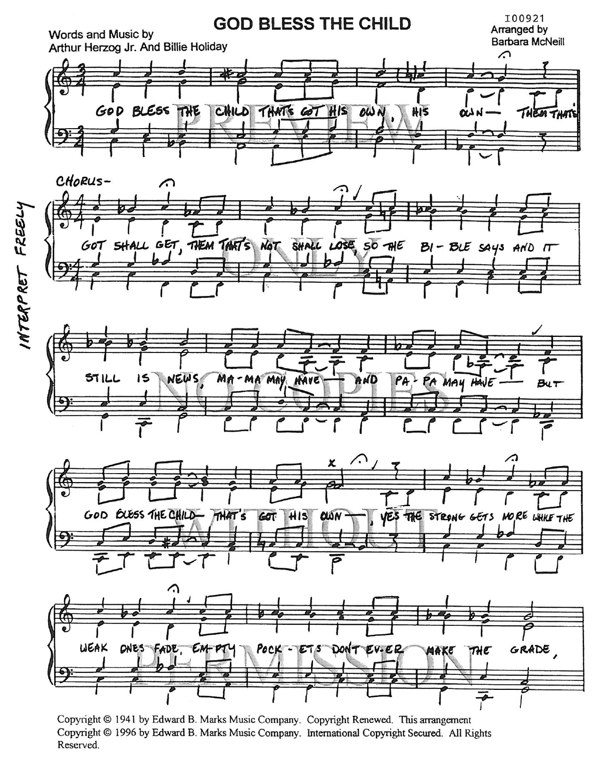 God Bless The Child — sheet music preview, arranged by Barbara McNeill