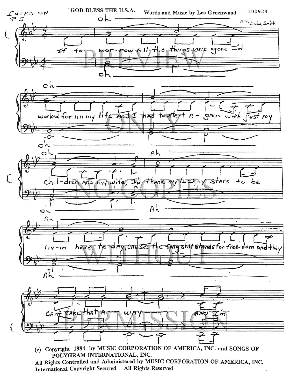 God Bless The U.S.A. — sheet music preview, arranged by Linda Smith