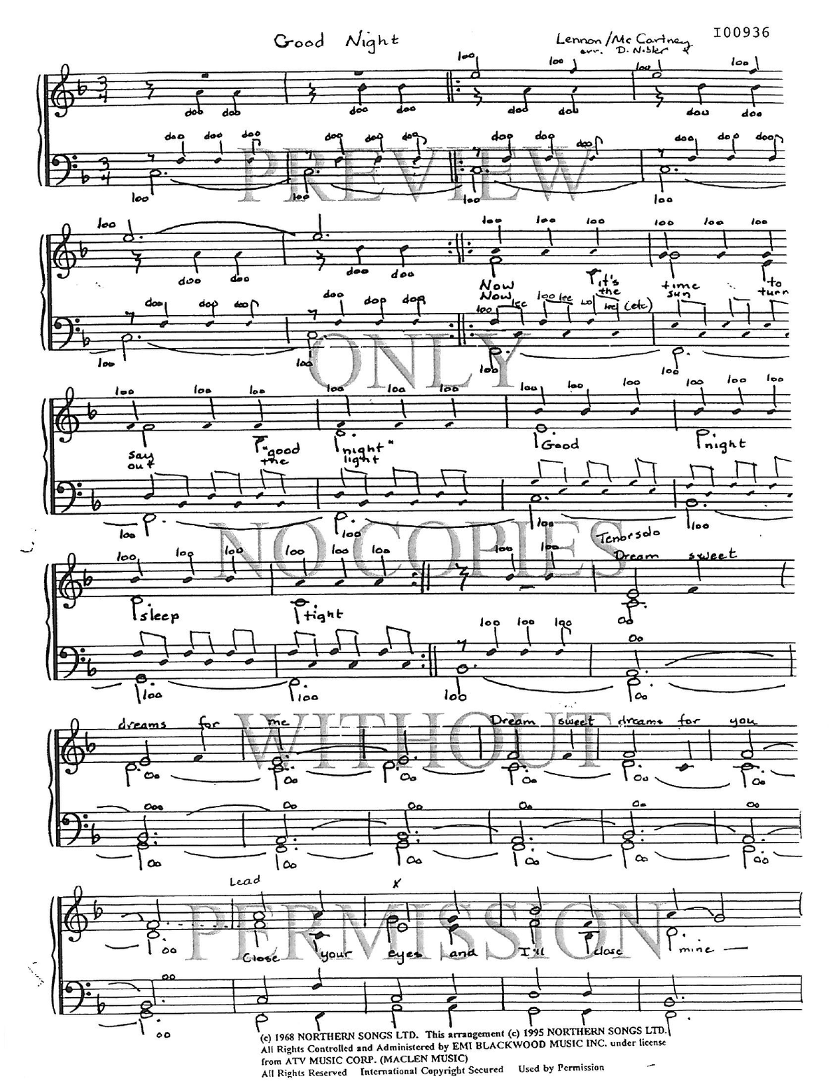 Good Night — sheet music preview, arranged by Dede Nibler