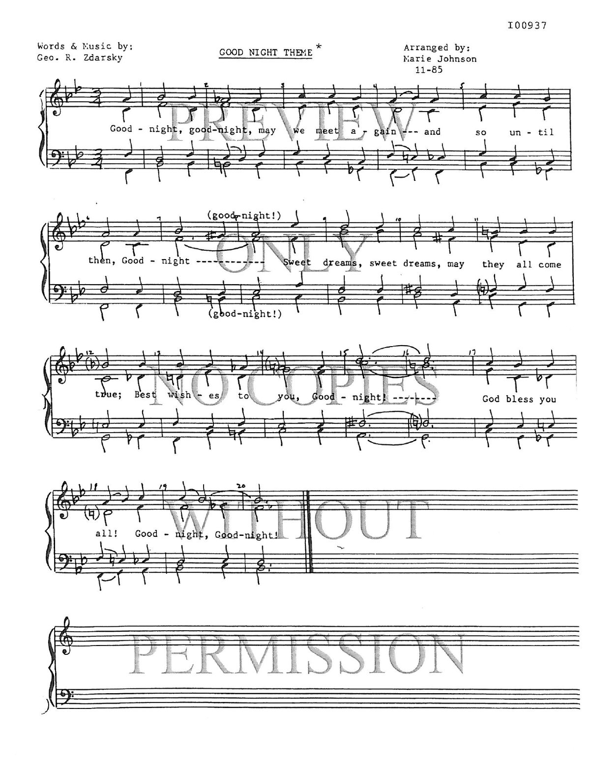 Good Night Theme — sheet music preview, arranged by Marie Johnson