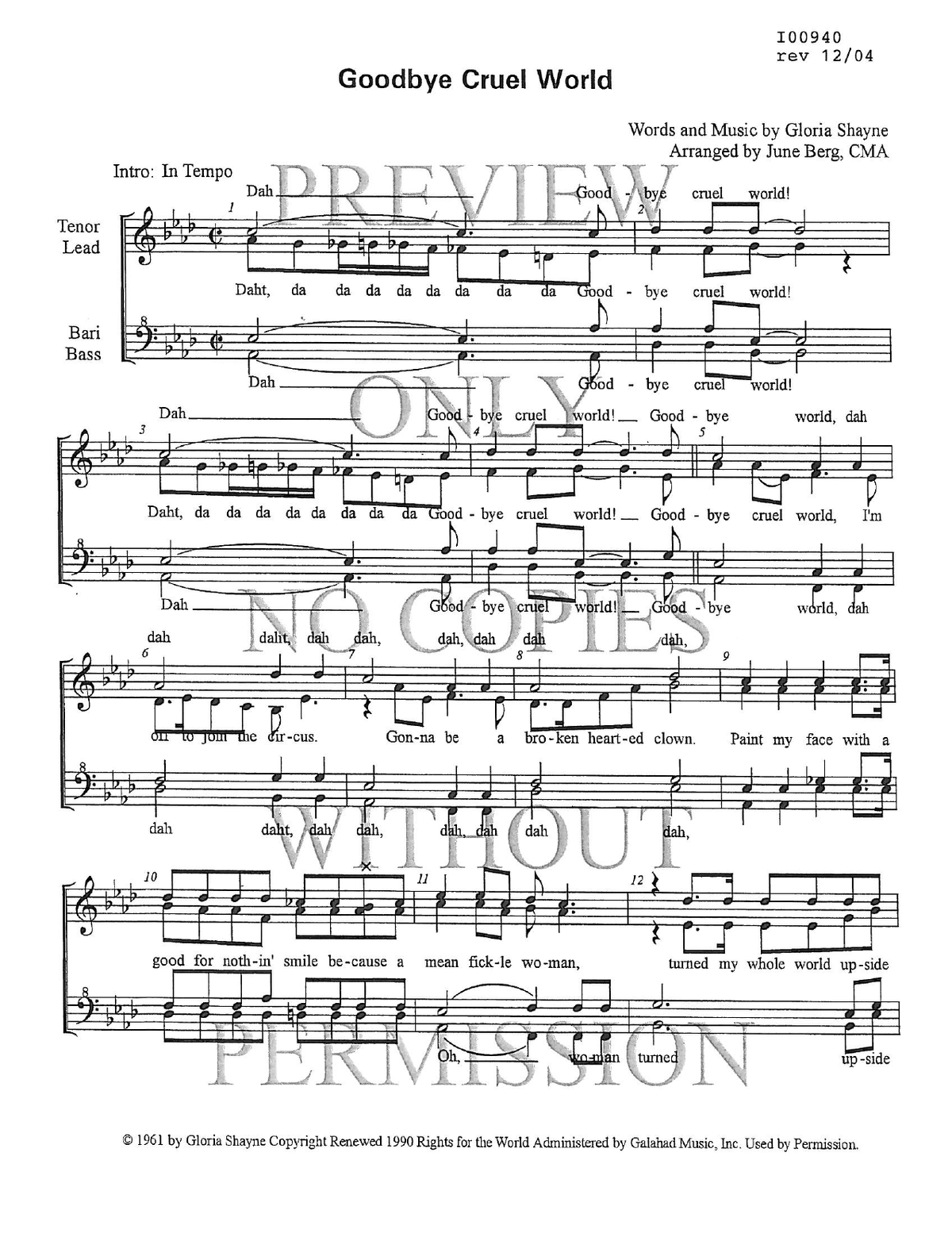 Goodbye Cruel World — sheet music preview, arranged by June Berg