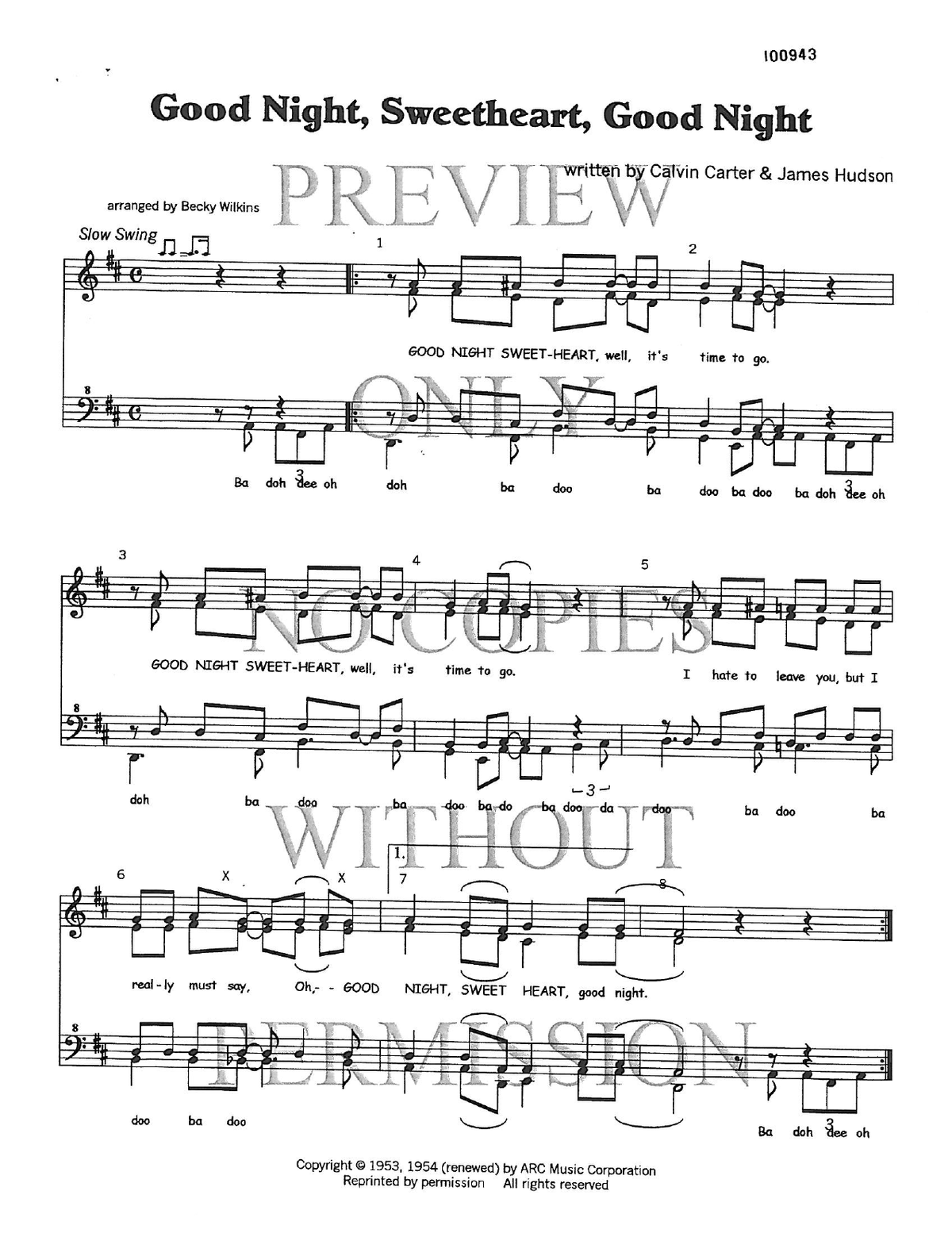 Goodnight, Sweetheart, Goodnight — sheet music preview, arranged by Becky Wilkins