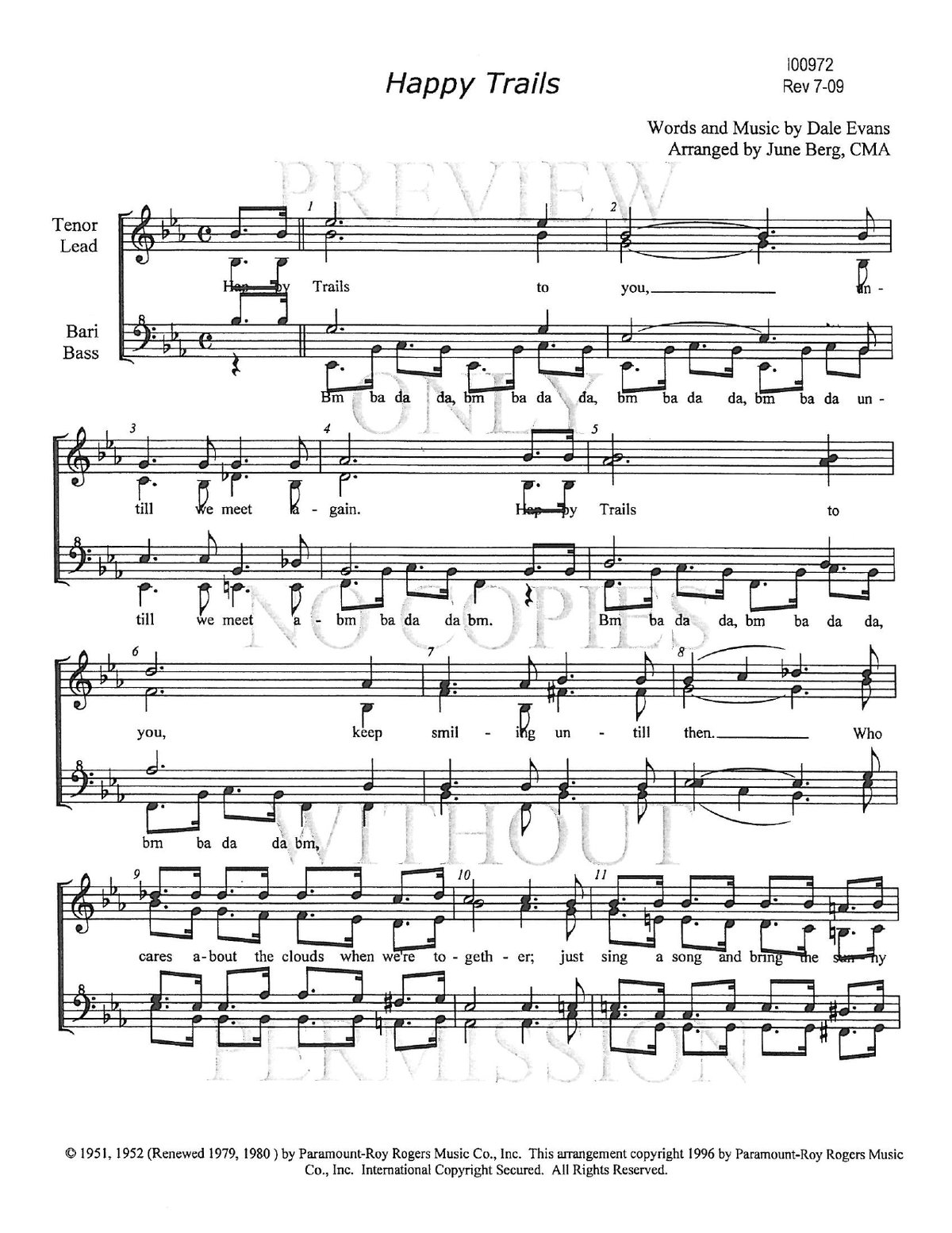 Happy Trails — sheet music preview, arranged by June Berg