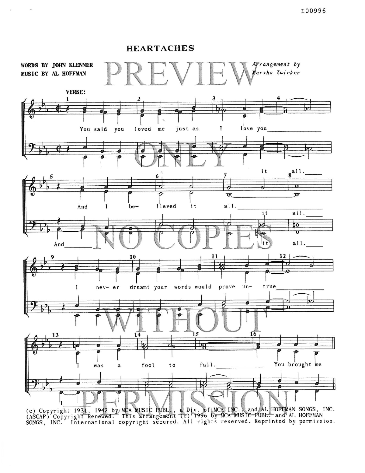 Heartaches — sheet music preview, arranged by Marsha Zwicker