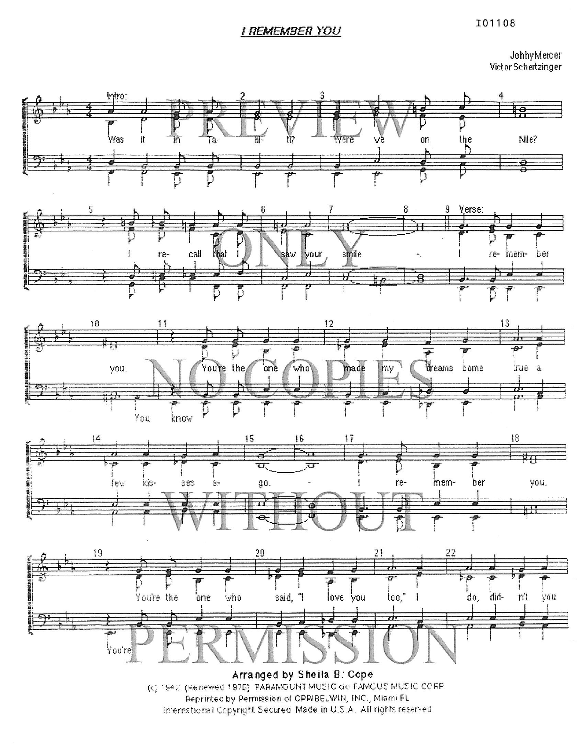 I Remember You — sheet music preview, arranged by Sheila Cope