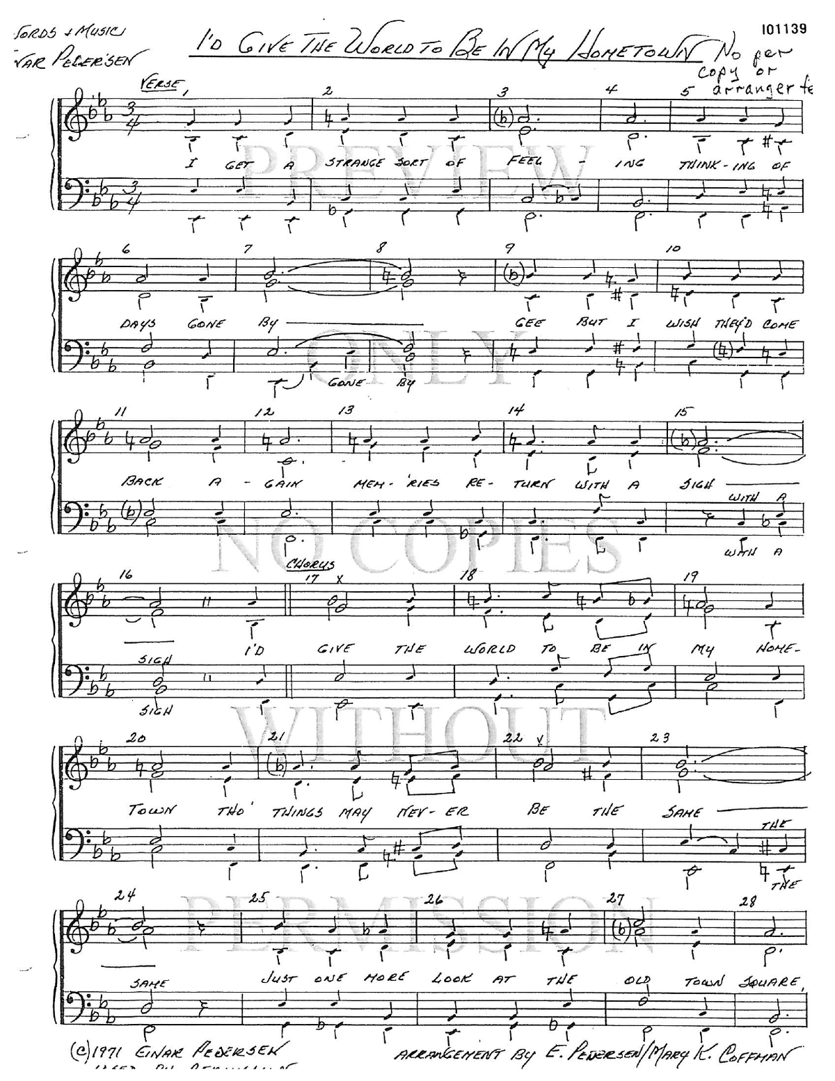 I'd Give The World To Be In My Hometown — sheet music preview, arranged by Mary K. Coffman