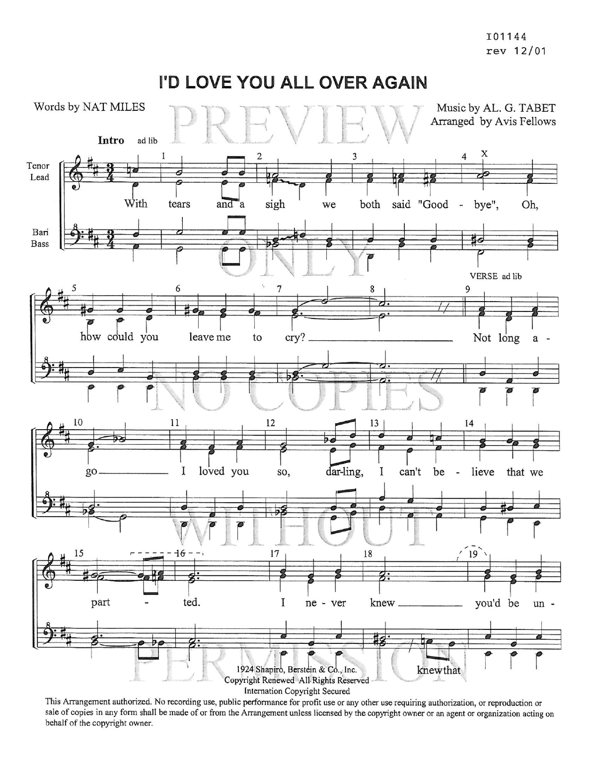 I'd Love You All Over Again — sheet music preview, arranged by Avis Fellows