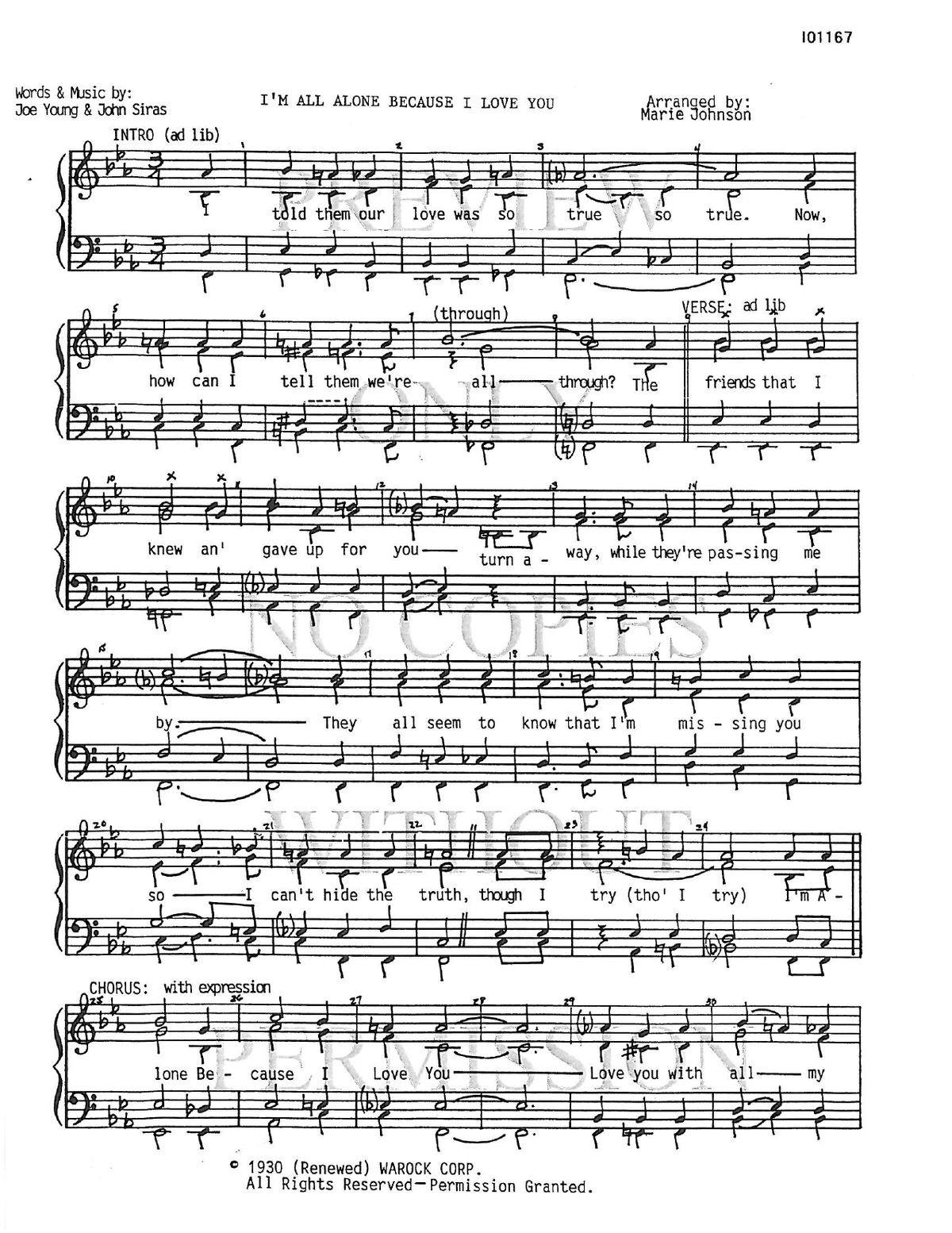 I'm Alone Because I Love You — sheet music preview, arranged by Marie Johnson