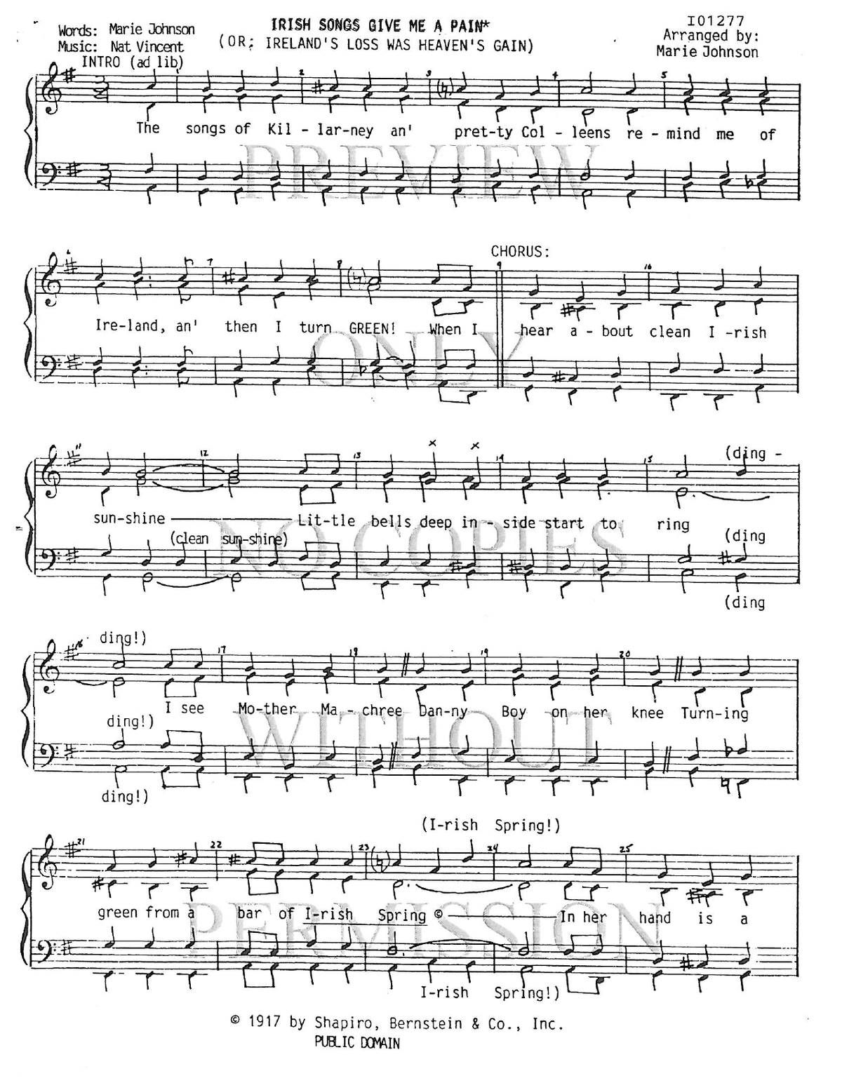 Irish Songs Give Me A Pain (Parody Of Ireland's L — sheet music preview, arranged by Marie Johnson