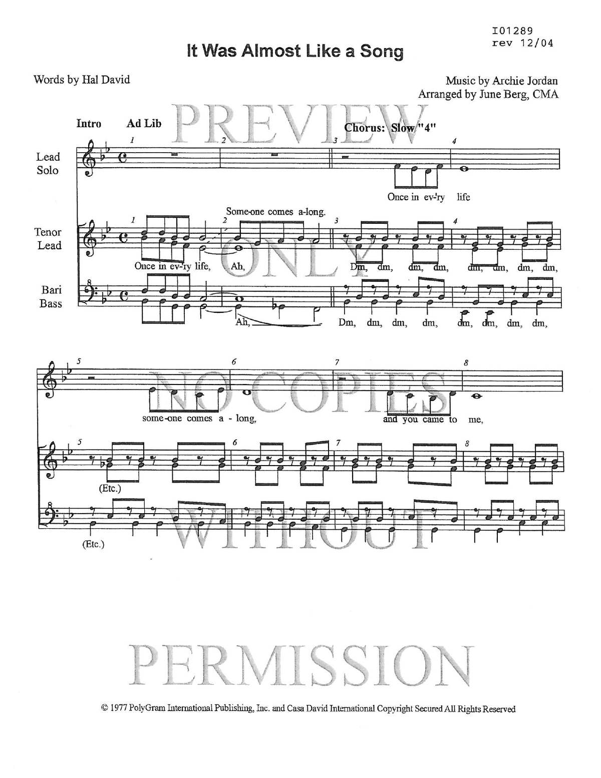 It Was Almost Like A Song — sheet music preview, arranged by June Berg