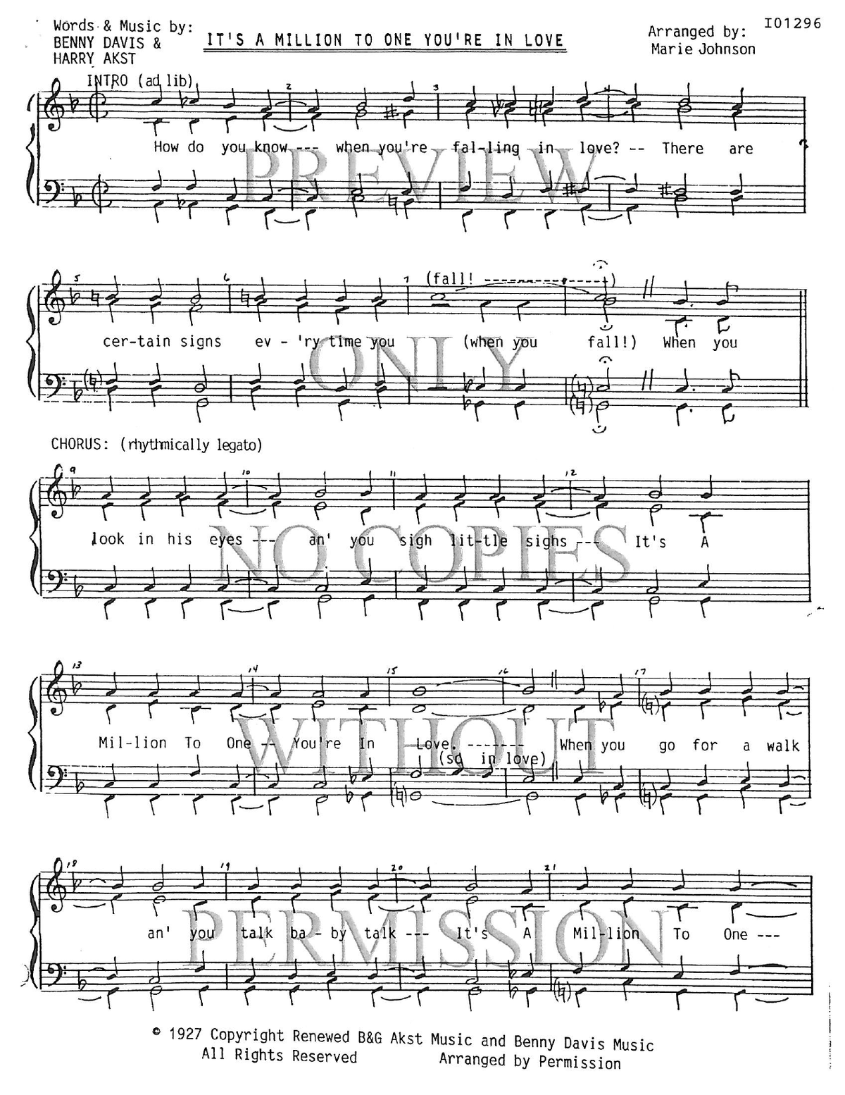 It's A Million To One You're In Love — sheet music preview, arranged by Marie Johnson