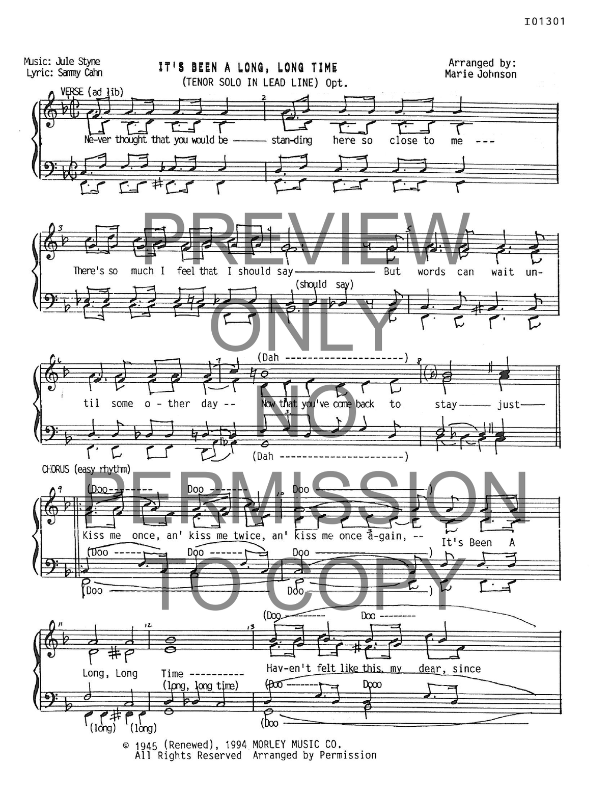 It's Been A Long, Long Time — sheet music preview, arranged by Marie Johnson