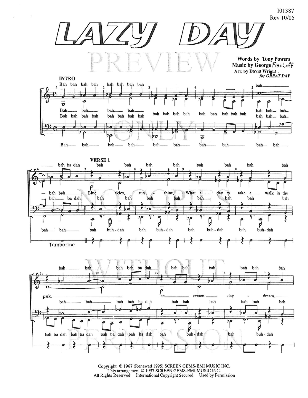 Lazy Day — sheet music preview, arranged by David Wright