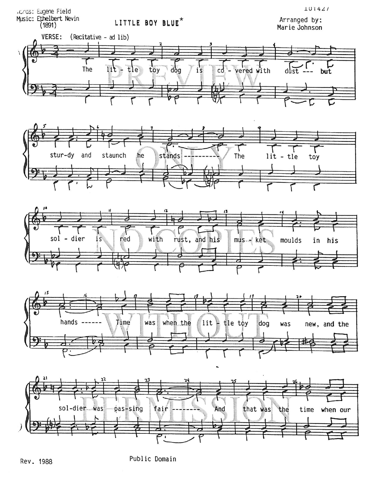 Little Boy Blue — sheet music preview, arranged by Marie Johnson