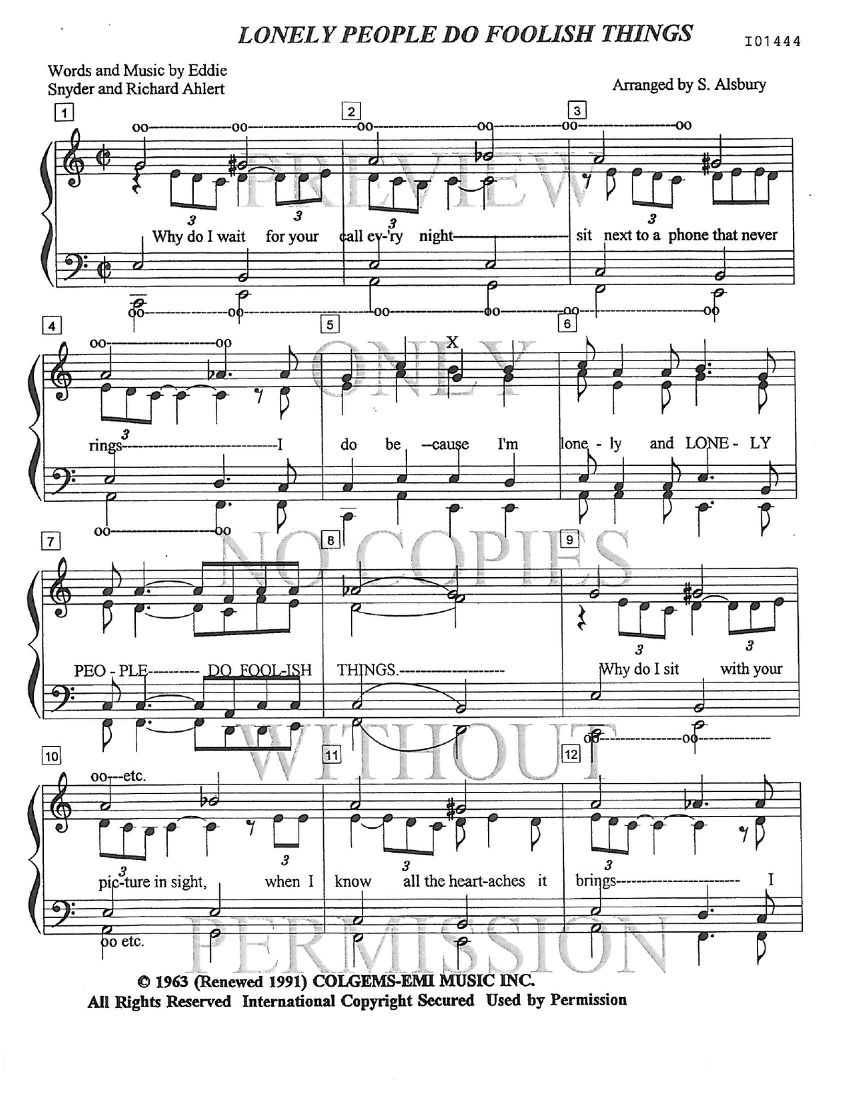 Lonely People Do Foolish Things — sheet music preview, arranged by Sylvia Alsbury