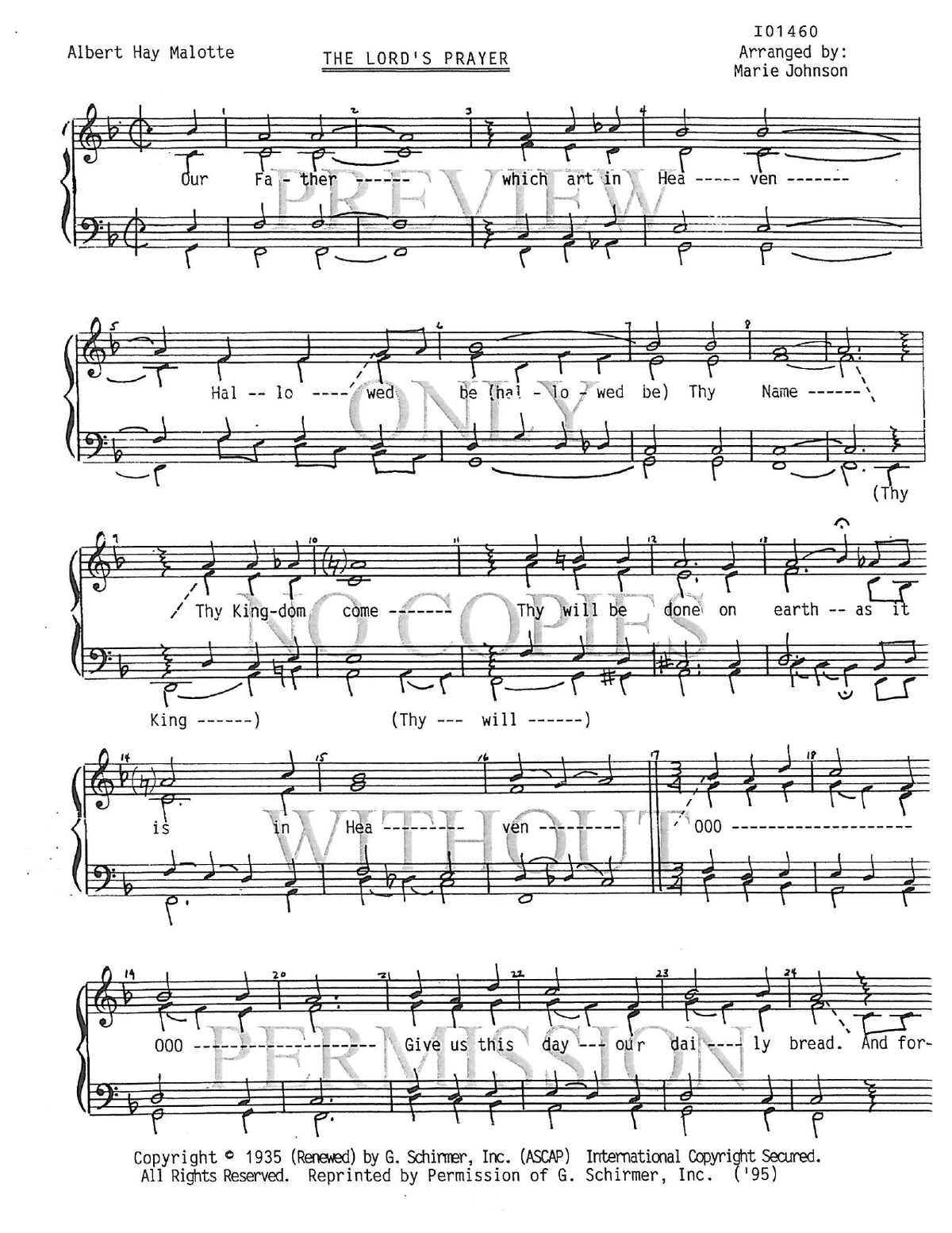 The Lord's Prayer — sheet music preview, arranged by Marie Johnson