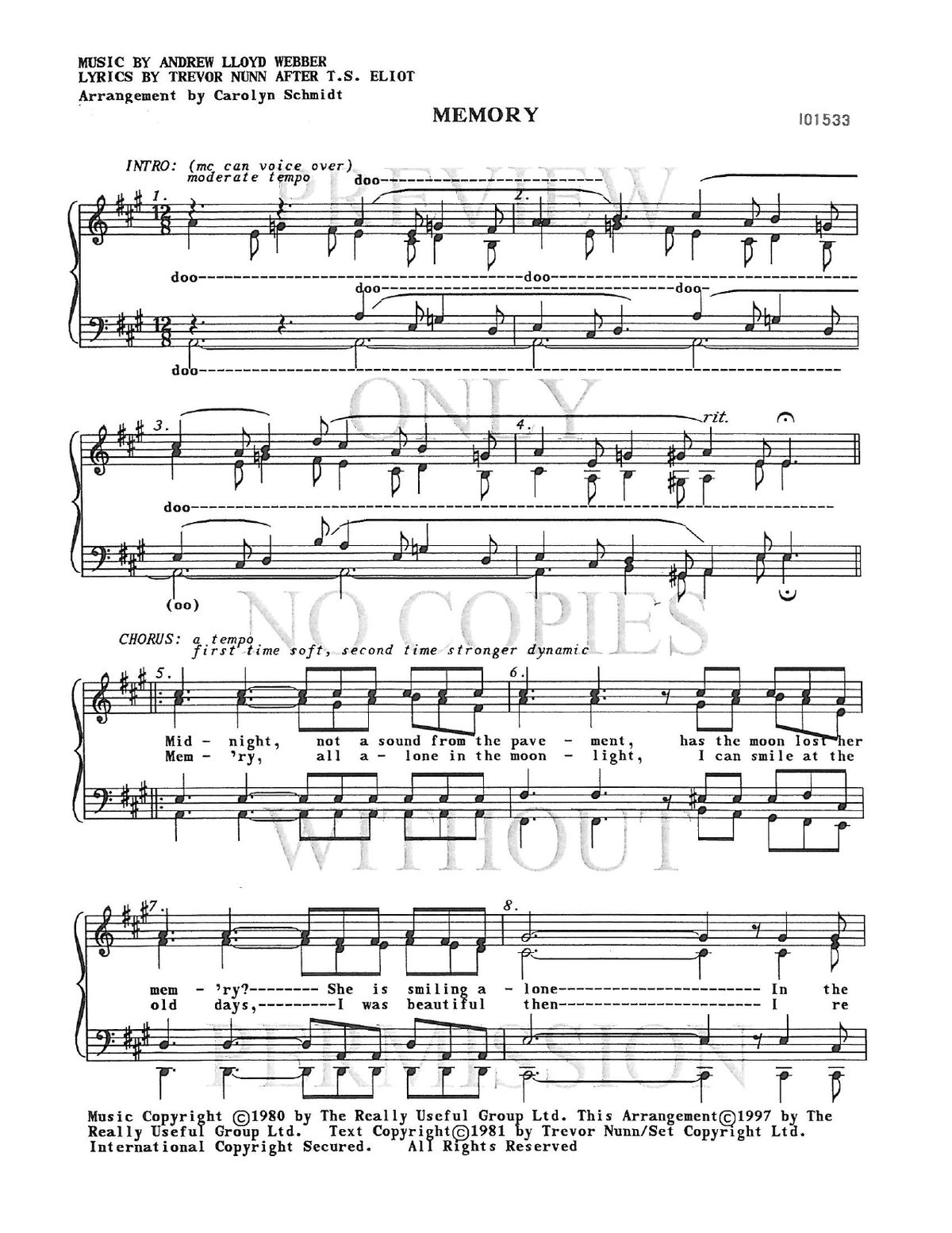Memory — sheet music preview, arranged by Carolyn Schmidt