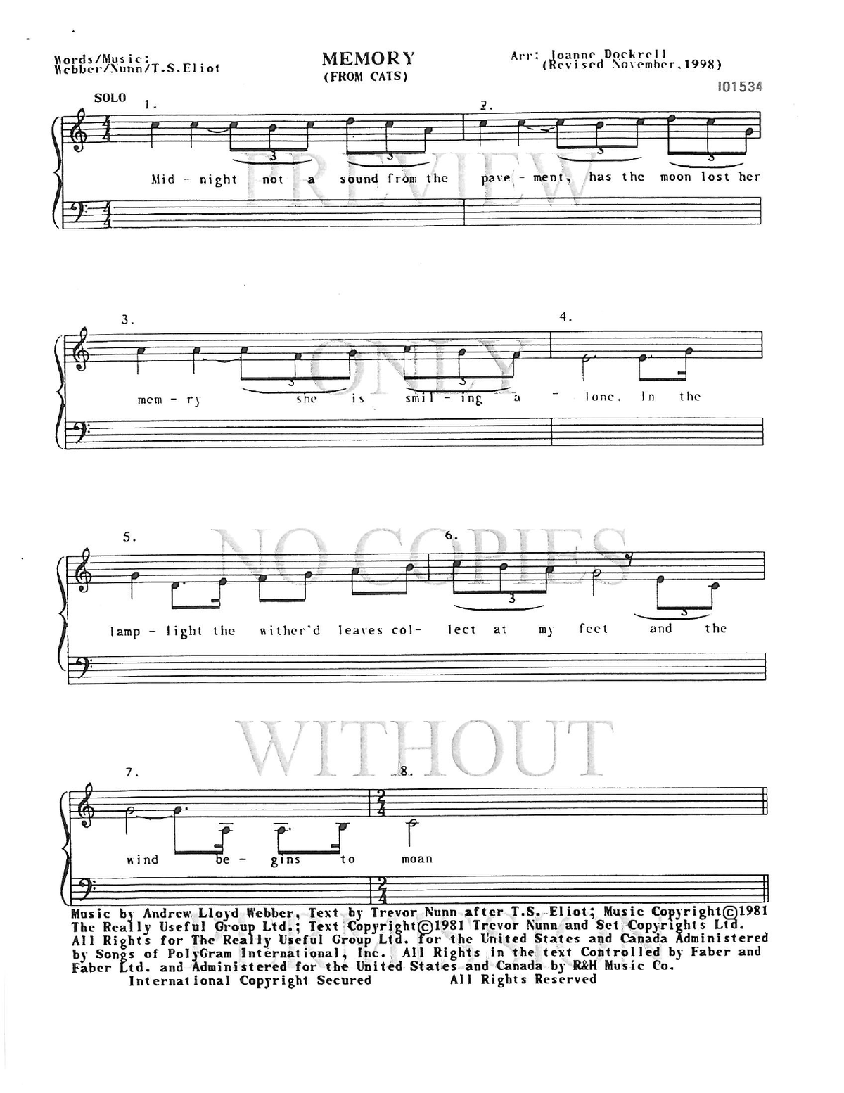 Memory — sheet music preview, arranged by Joanne Dockrell