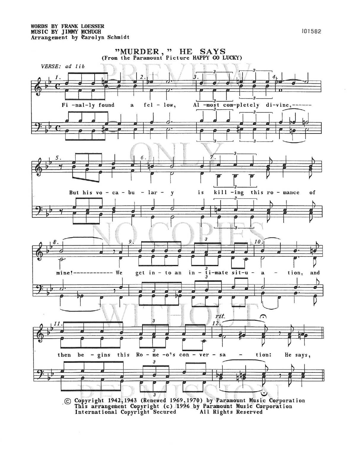 Murder, He Says — sheet music preview, arranged by Carolyn Schmidt